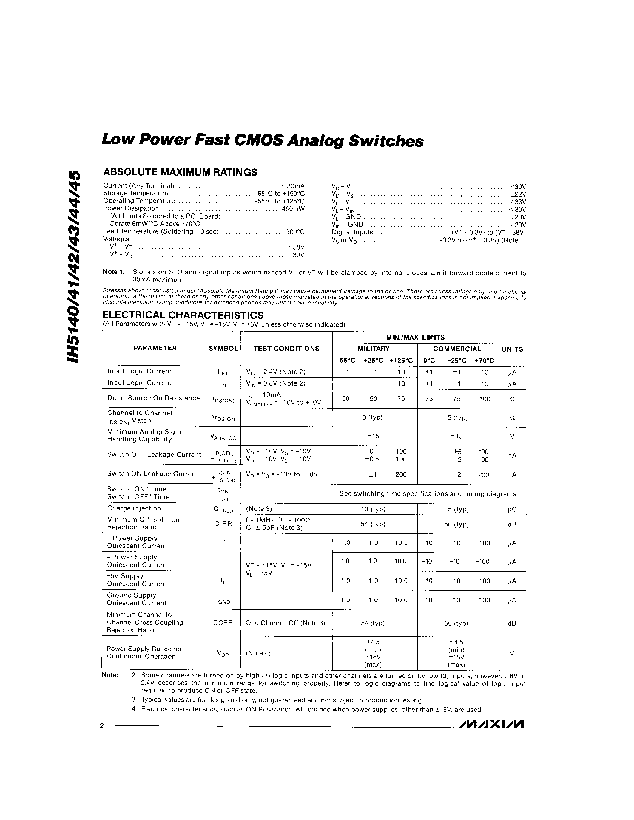 Datasheet IH5141C/D - Low Power Fast CMOS Analog Switches page 2