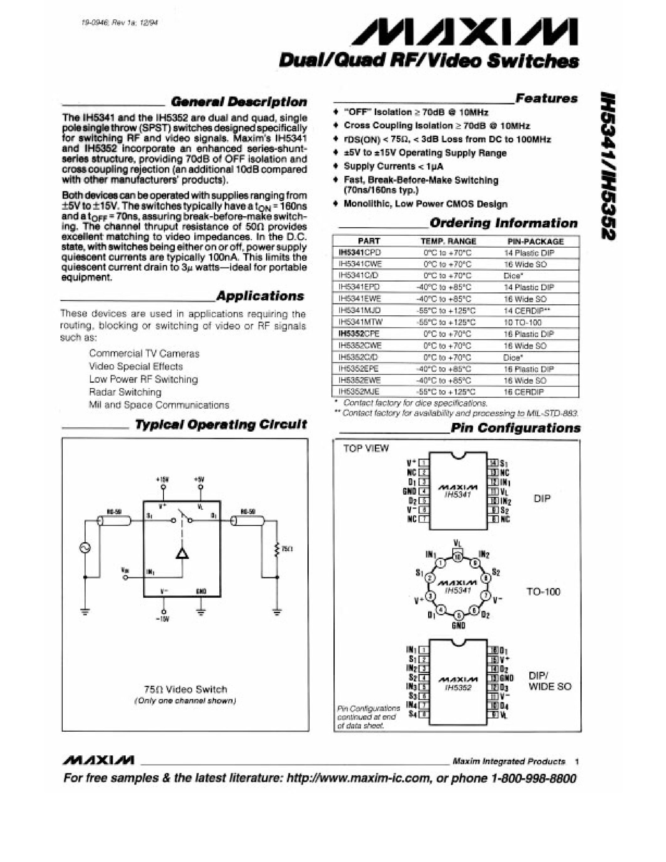 Datasheet IH5341C/D - Dual/Quad RF/Video Switches page 1