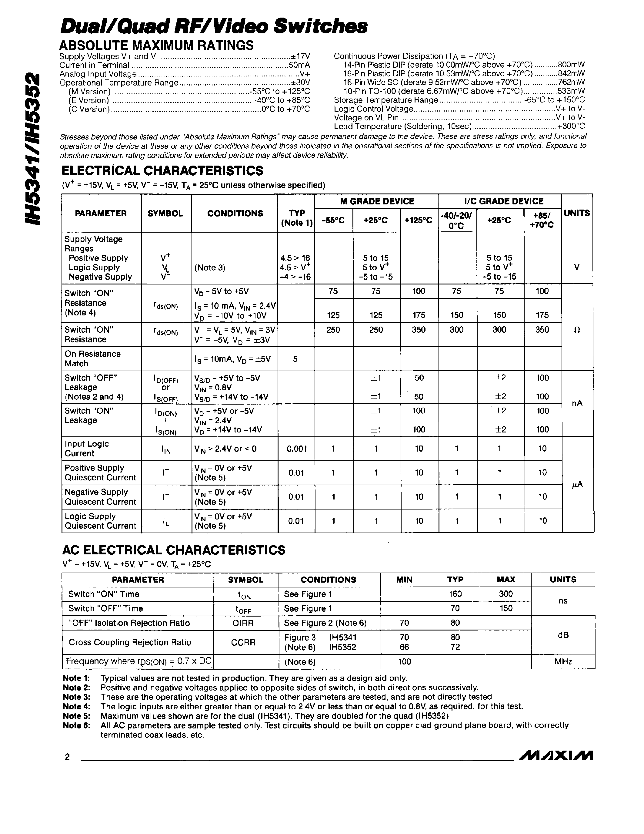 Datasheet IH5341C/D - Dual/Quad RF/Video Switches page 2