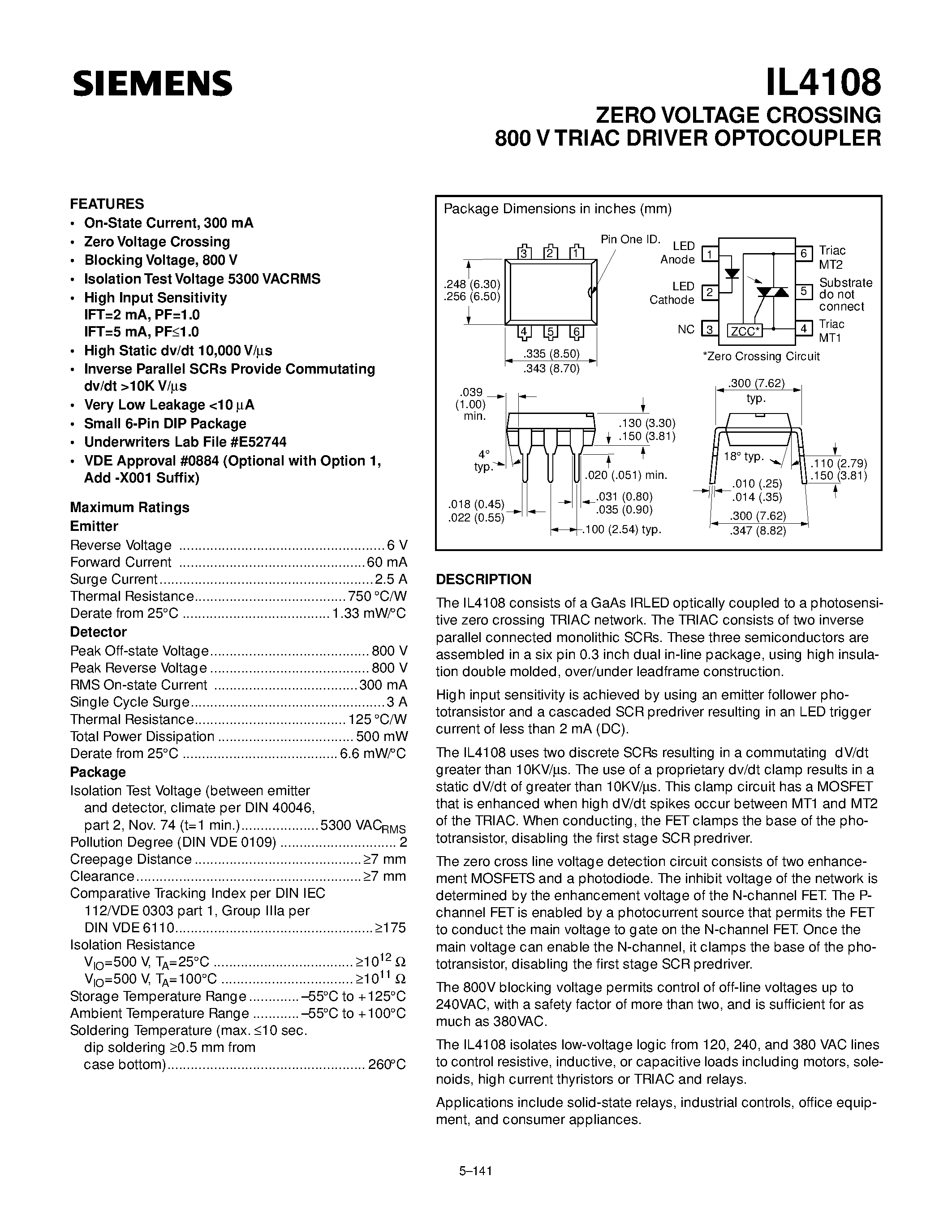 Даташит IL4108 - ZERO VOLTAGE CROSSING 800 V TRIAC DRIVER OPTOCOUPLER страница 1