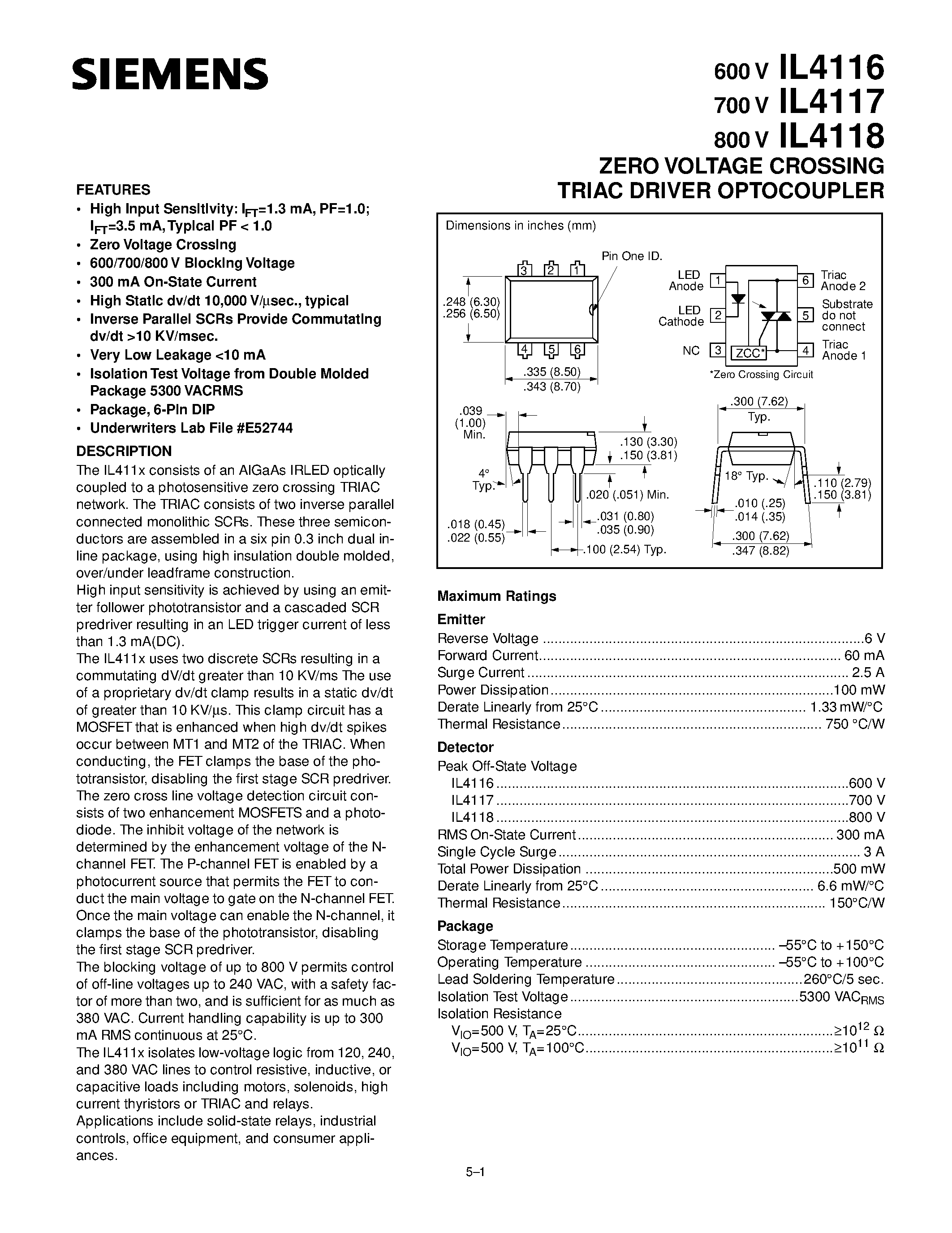 Даташит IL4116 - ZERO VOLTAGE CROSSING TRIAC DRIVER OPTOCOUPLER страница 1