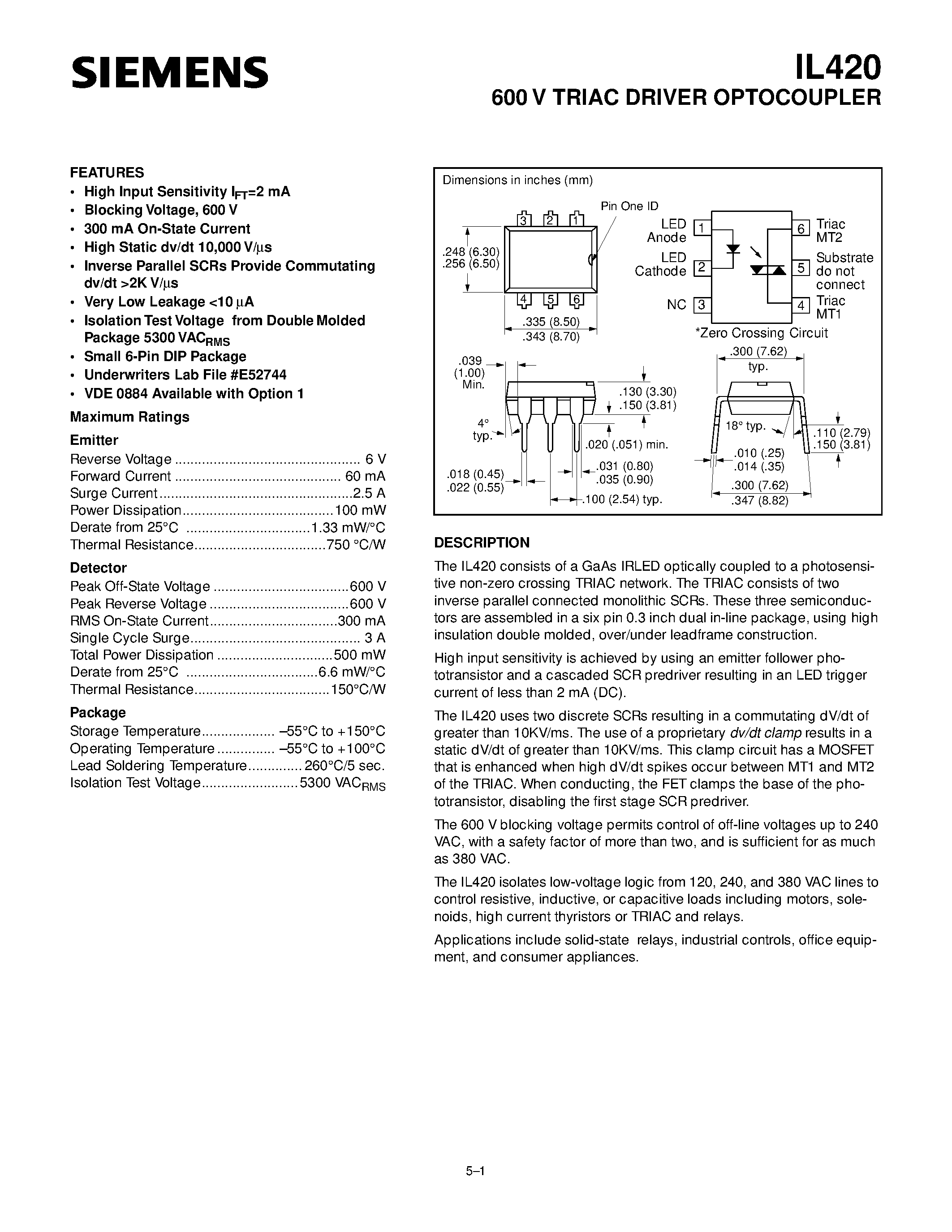 Даташит IL420 - 600 V TRIAC DRIVER OPTOCOUPLER страница 1