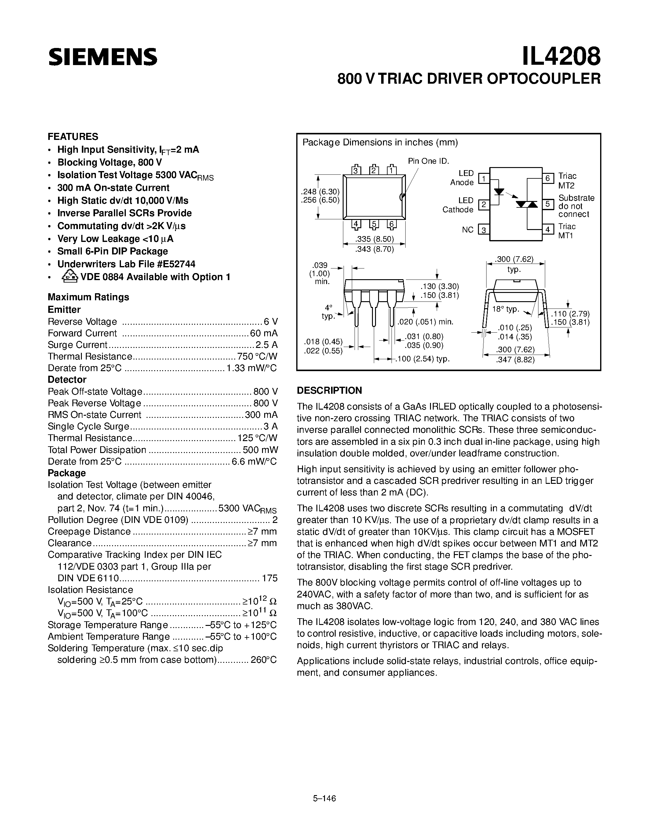 Даташит IL4208 - 800 V TRIAC DRIVER OPTOCOUPLER страница 1