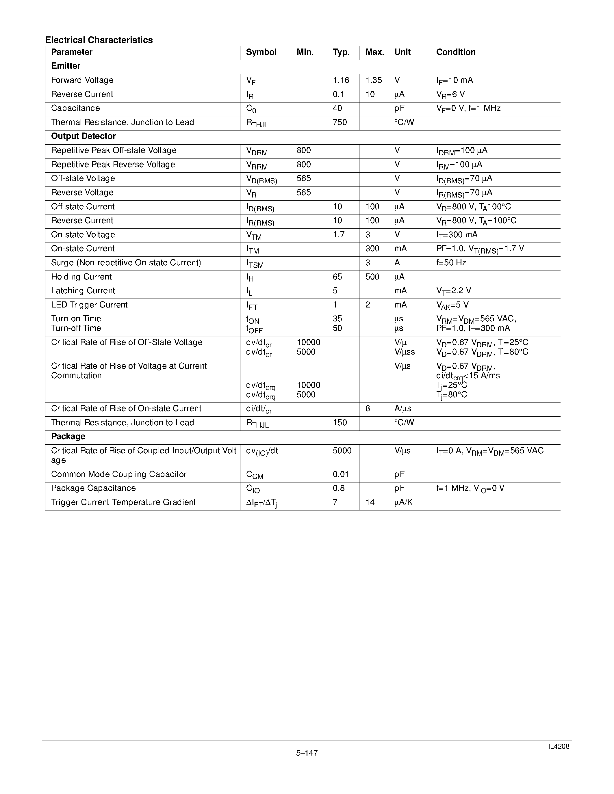 Даташит IL4208 - 800 V TRIAC DRIVER OPTOCOUPLER страница 2