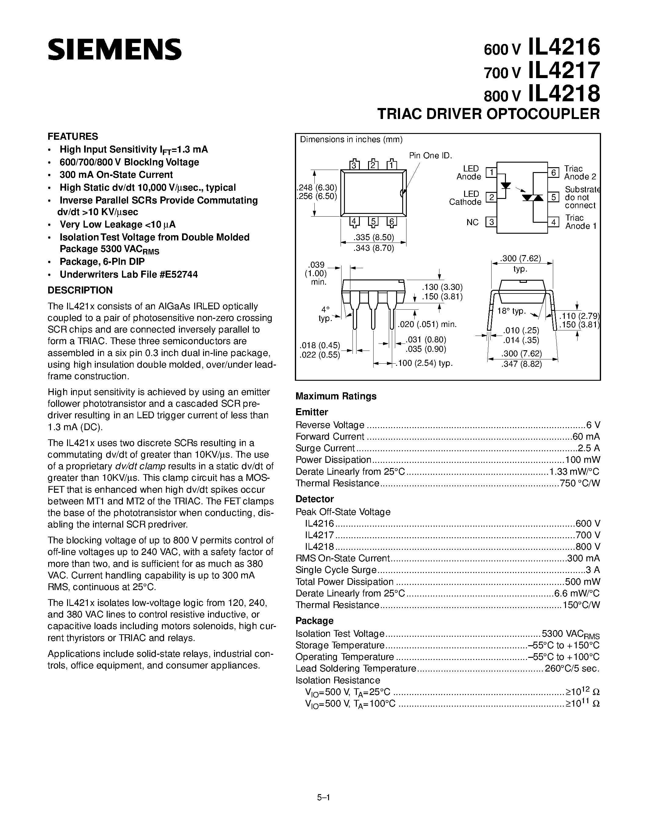 Даташит IL4216 - TRIAC DRIVER OPTOCOUPLER страница 1