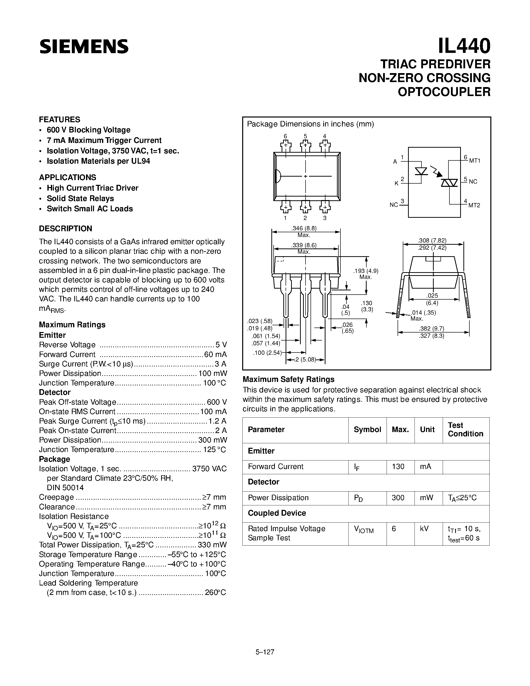 Даташит IL440 - TRIAC PREDRIVER NON-ZERO CROSSING OPTOCOUPLER страница 1