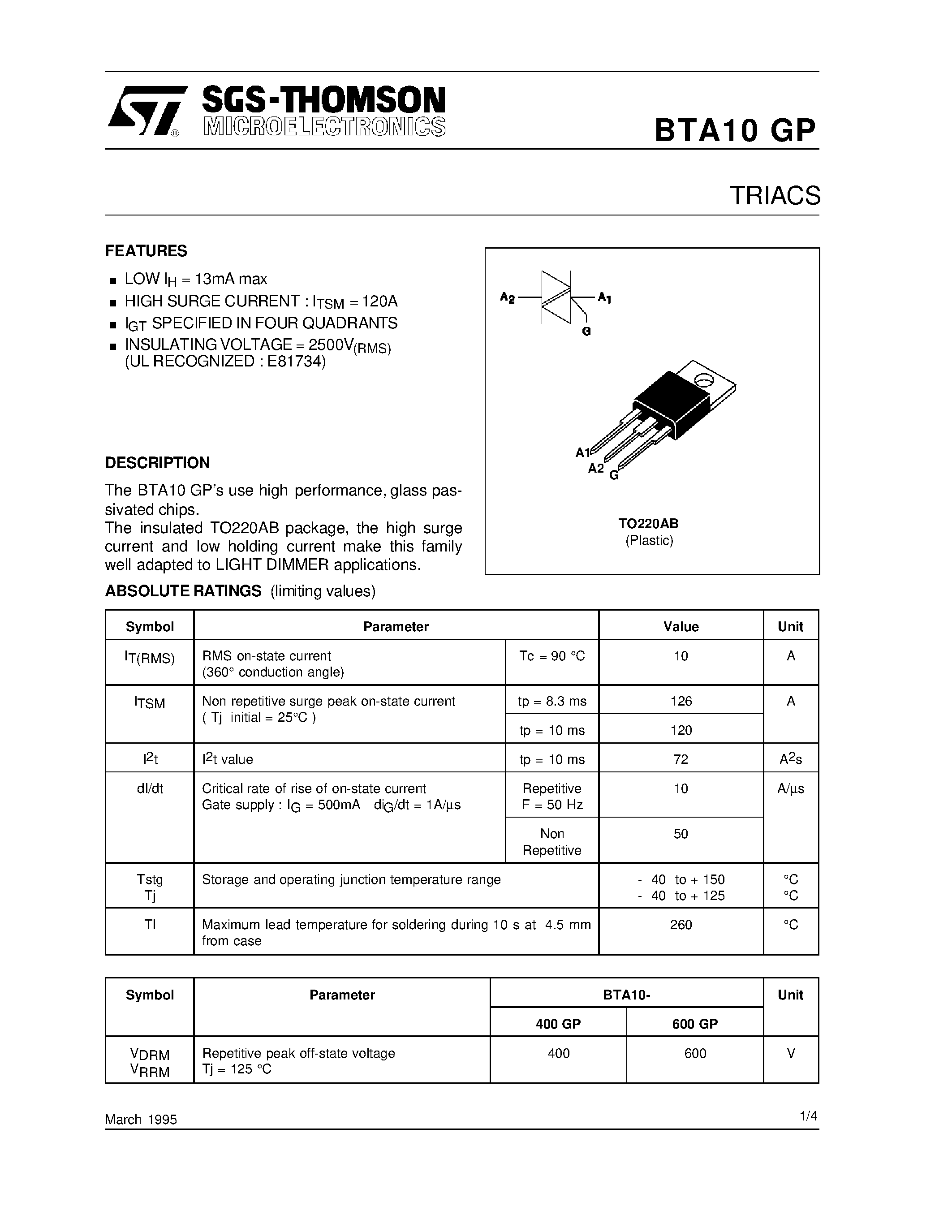 Datasheet BTA10-400GP - TRIACS page 1