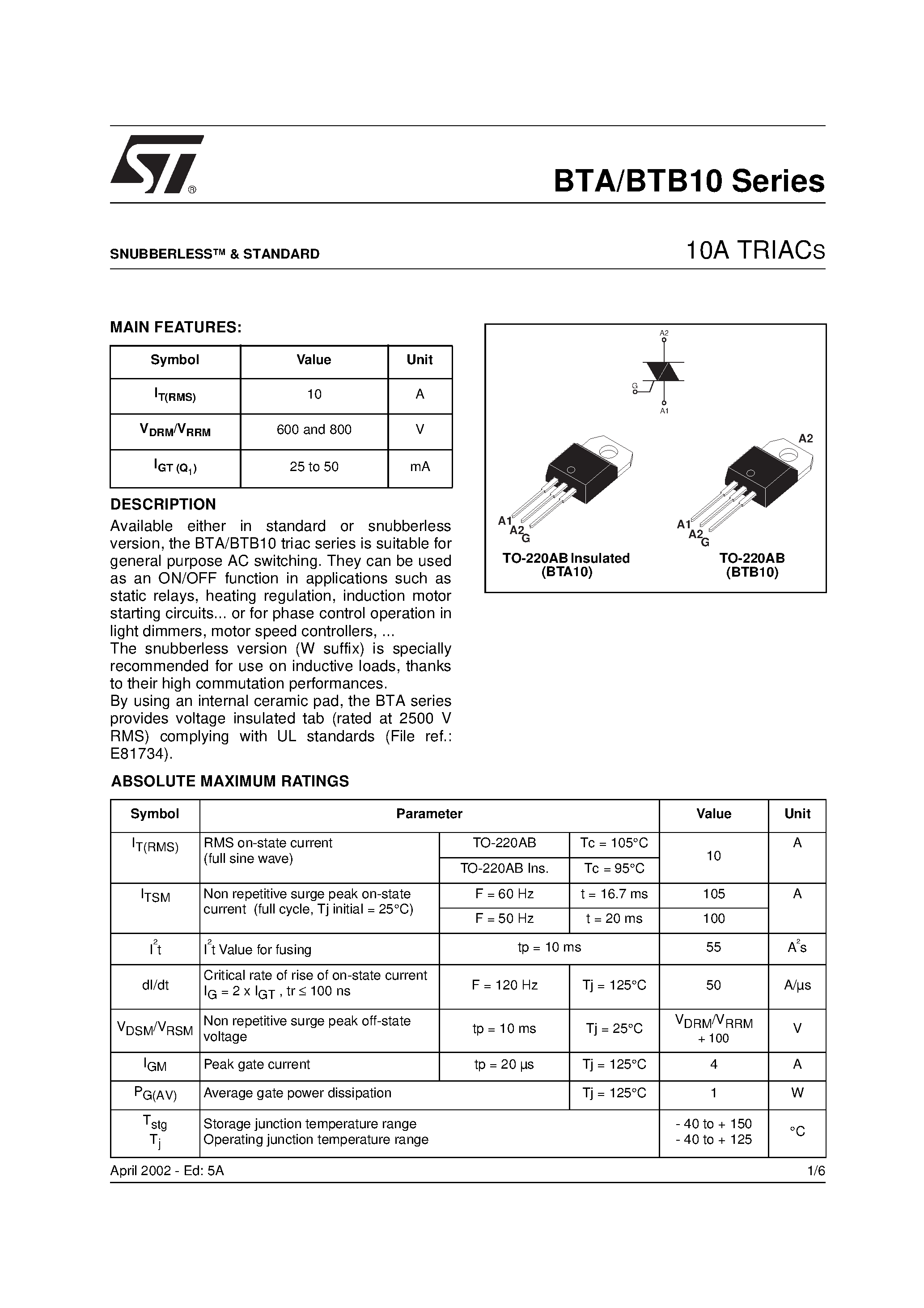 Datasheet BTA10-600B - 10A TRIACS page 1