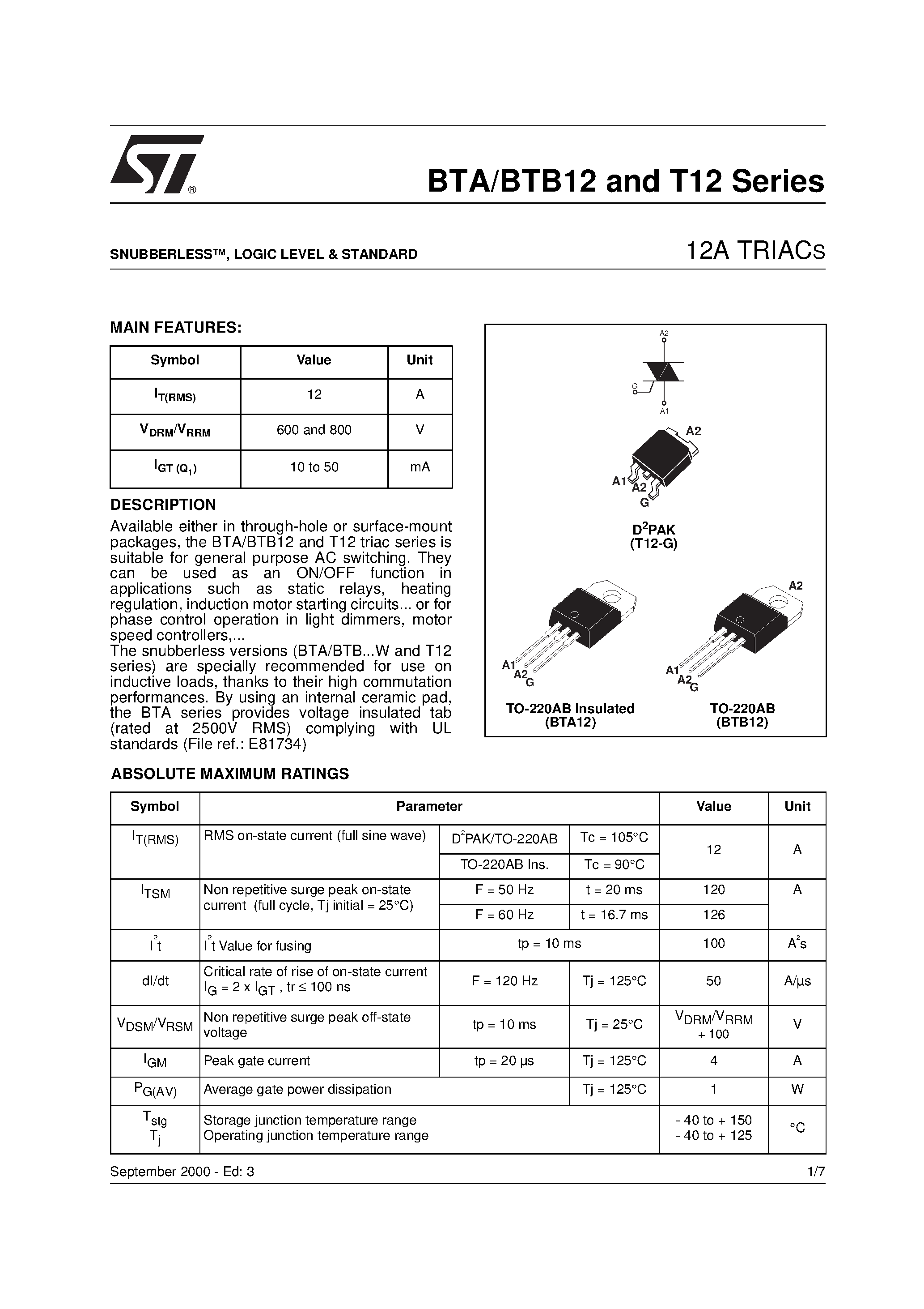 Datasheet BTA12 - 12A TRIACS page 1