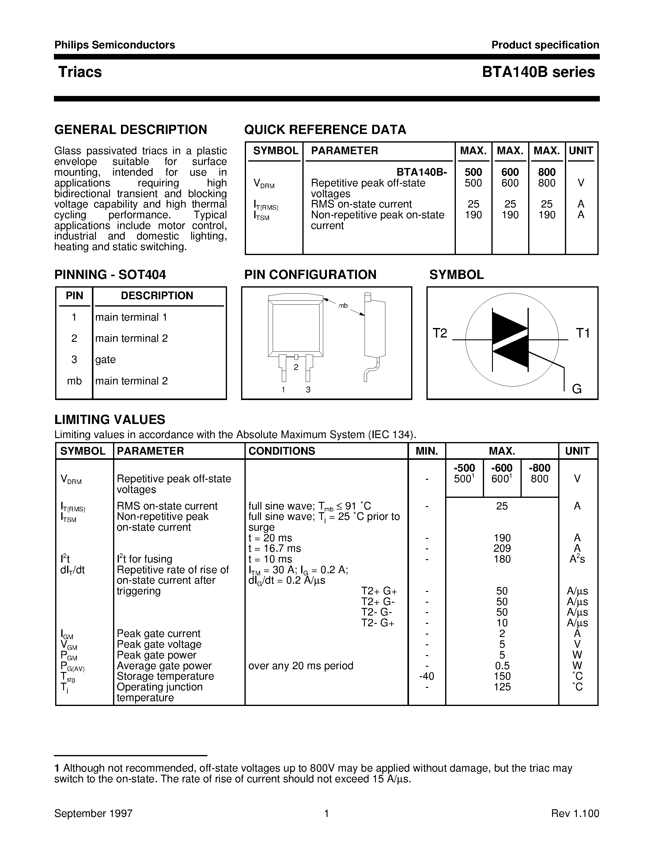 Datasheet BTA140B - Triacs page 1