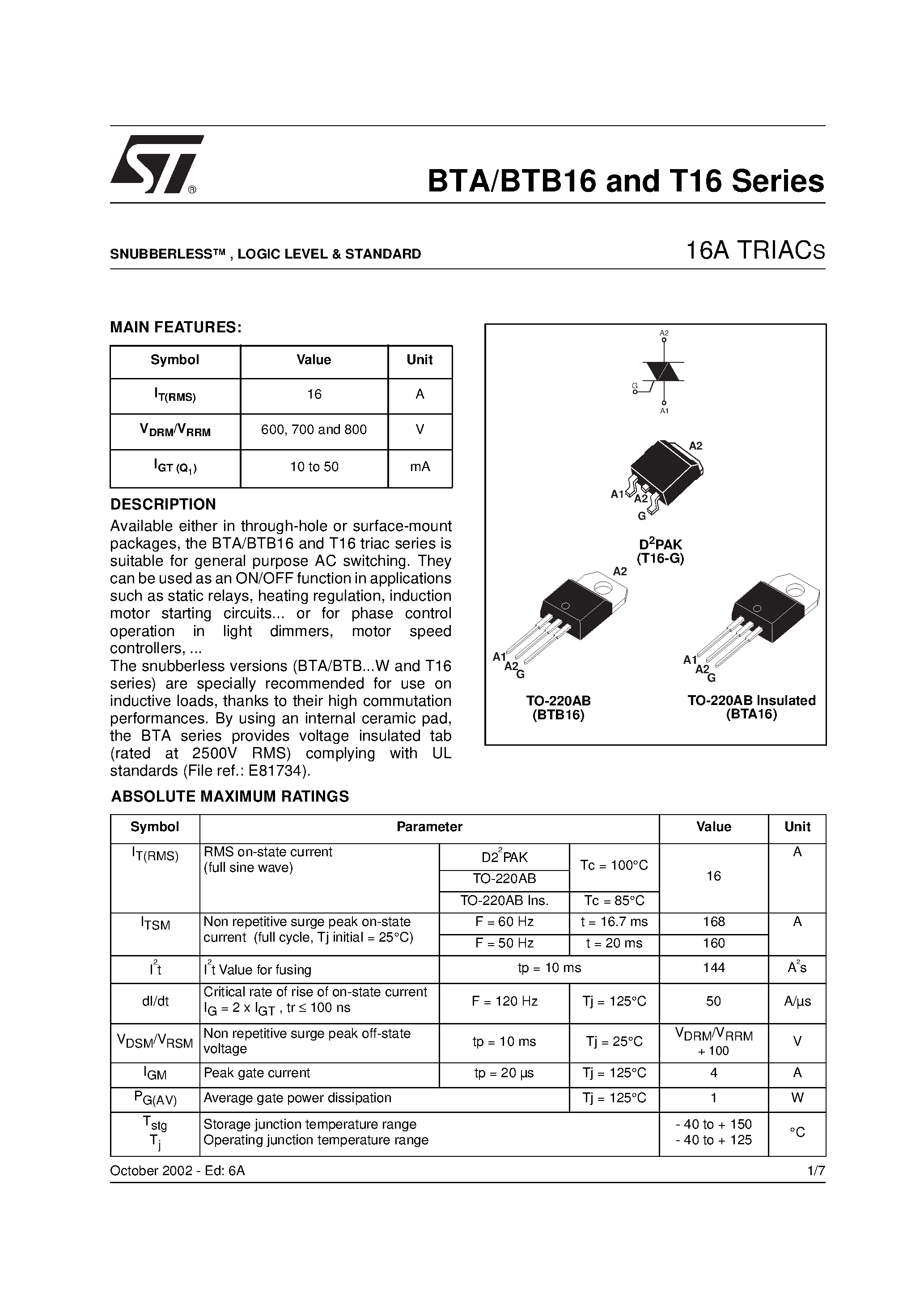 Datasheet BTA16-600CW - 16A TRIACS page 1