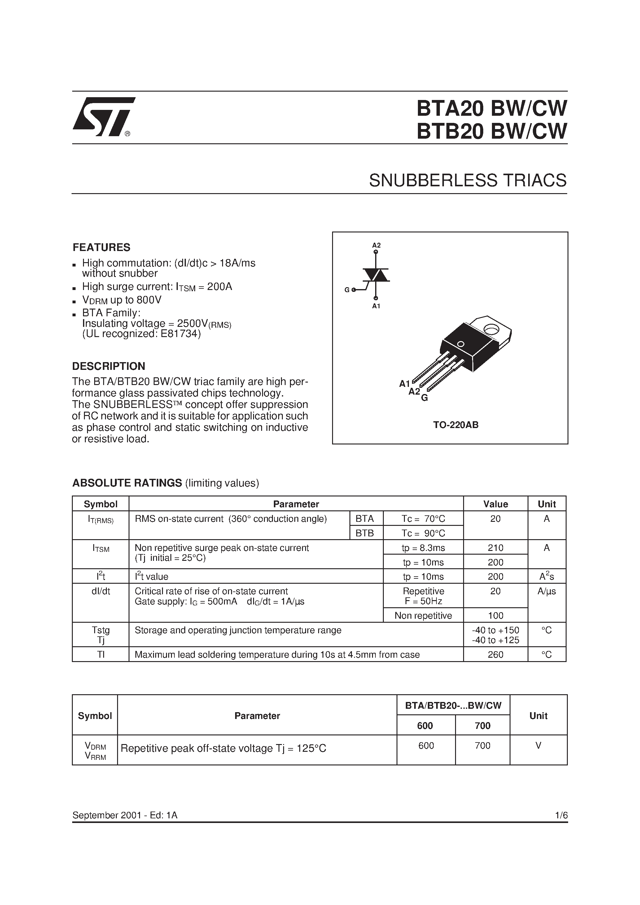 Datasheet BTA20-600 - SNUBBERLESS TRIACS page 1