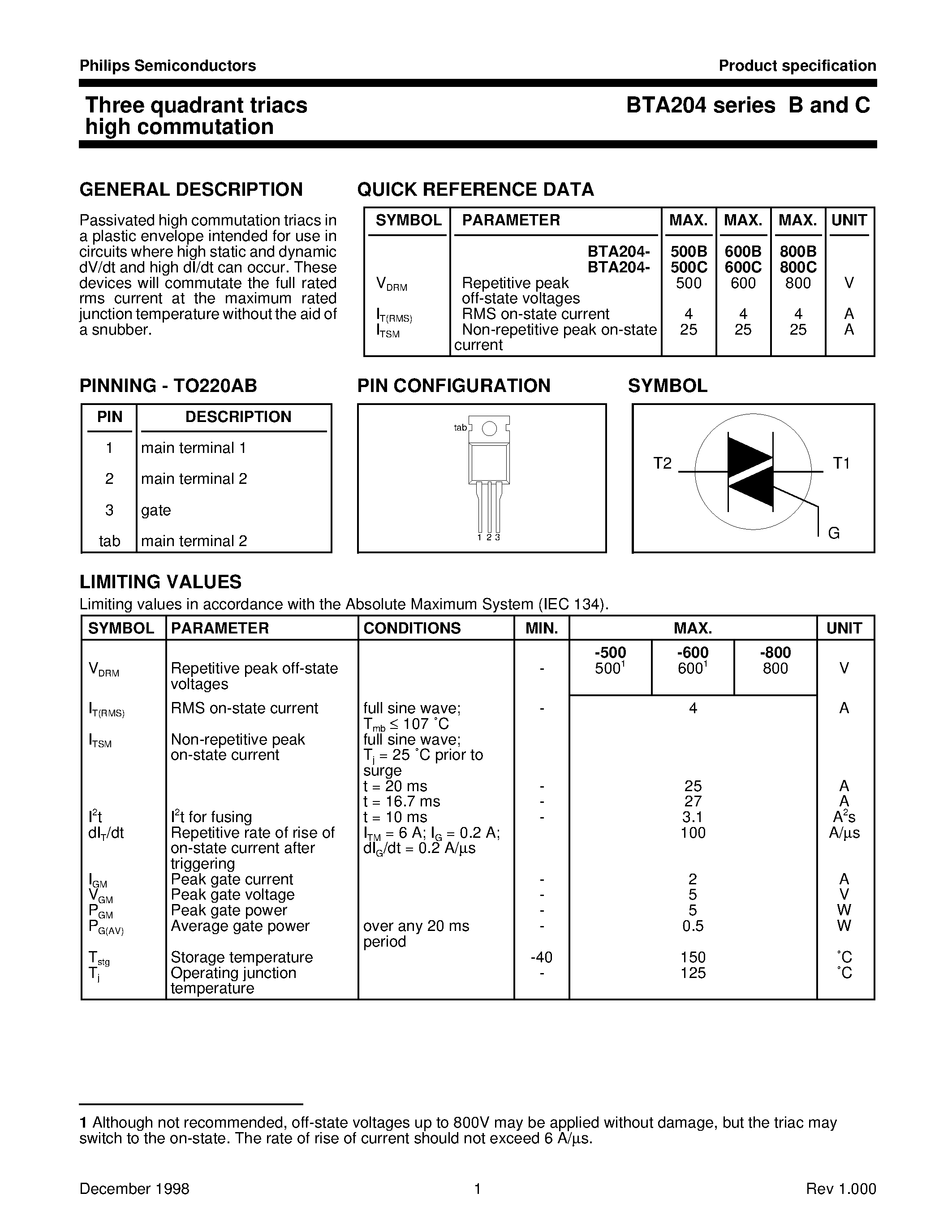 Datasheet BTA204 - Three quadrant triacs high commutation page 1