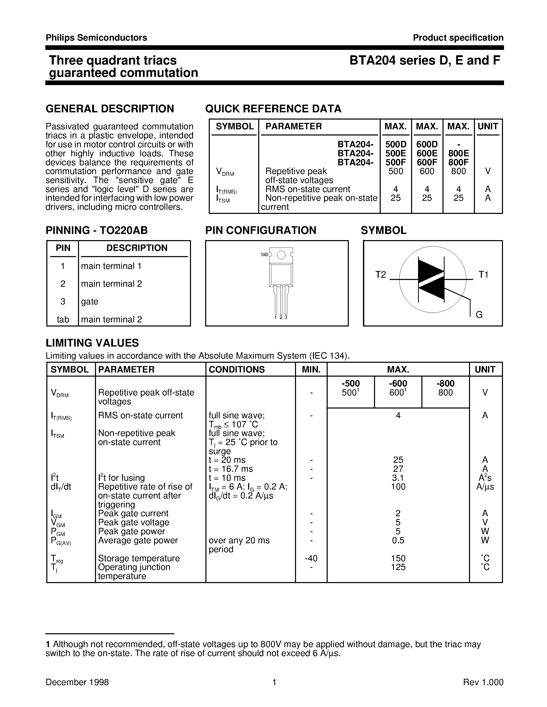 Datasheet BTA204-500D - Three quadrant triacs guaranteed commutation page 1