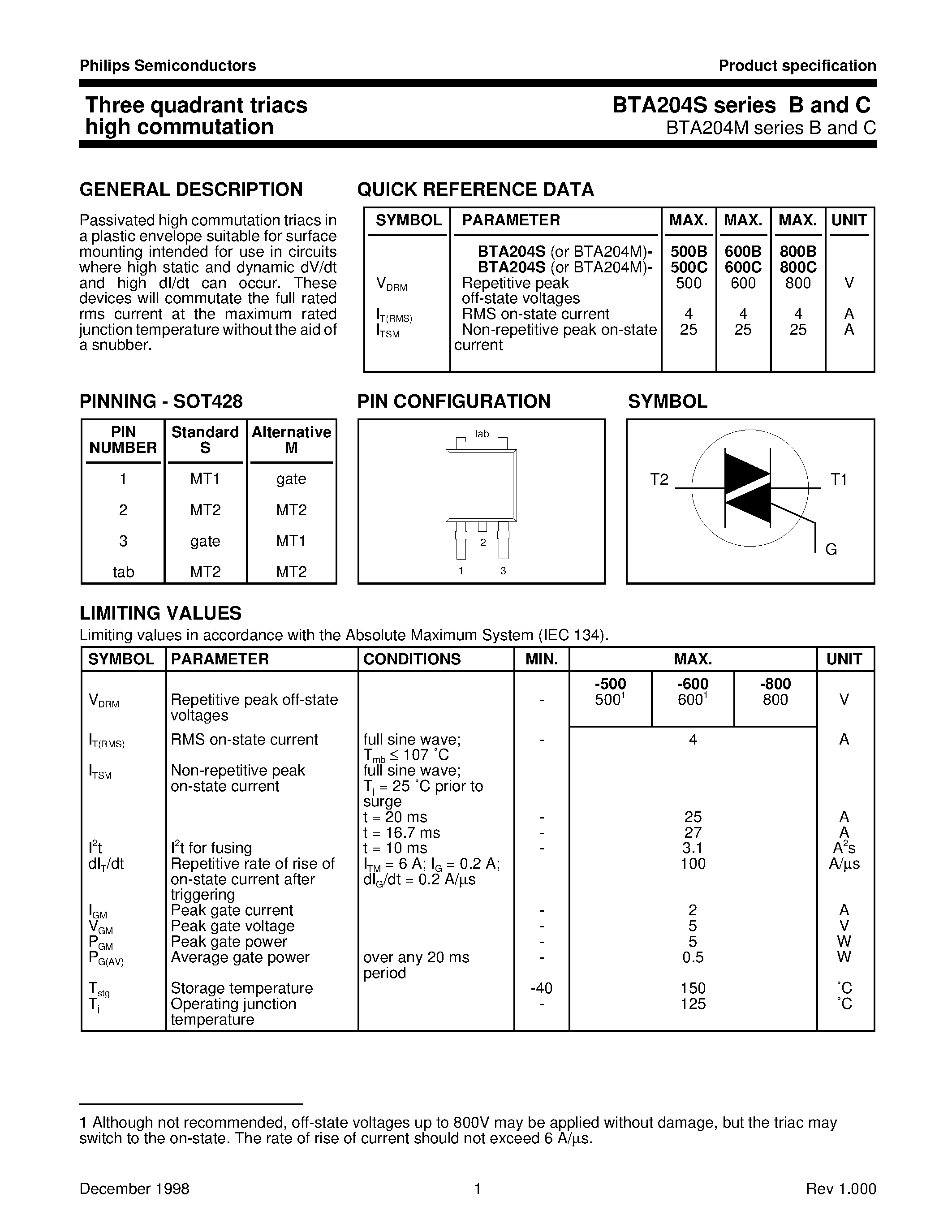 Datasheet BTA204M - Three quadrant triacs high commutation page 1