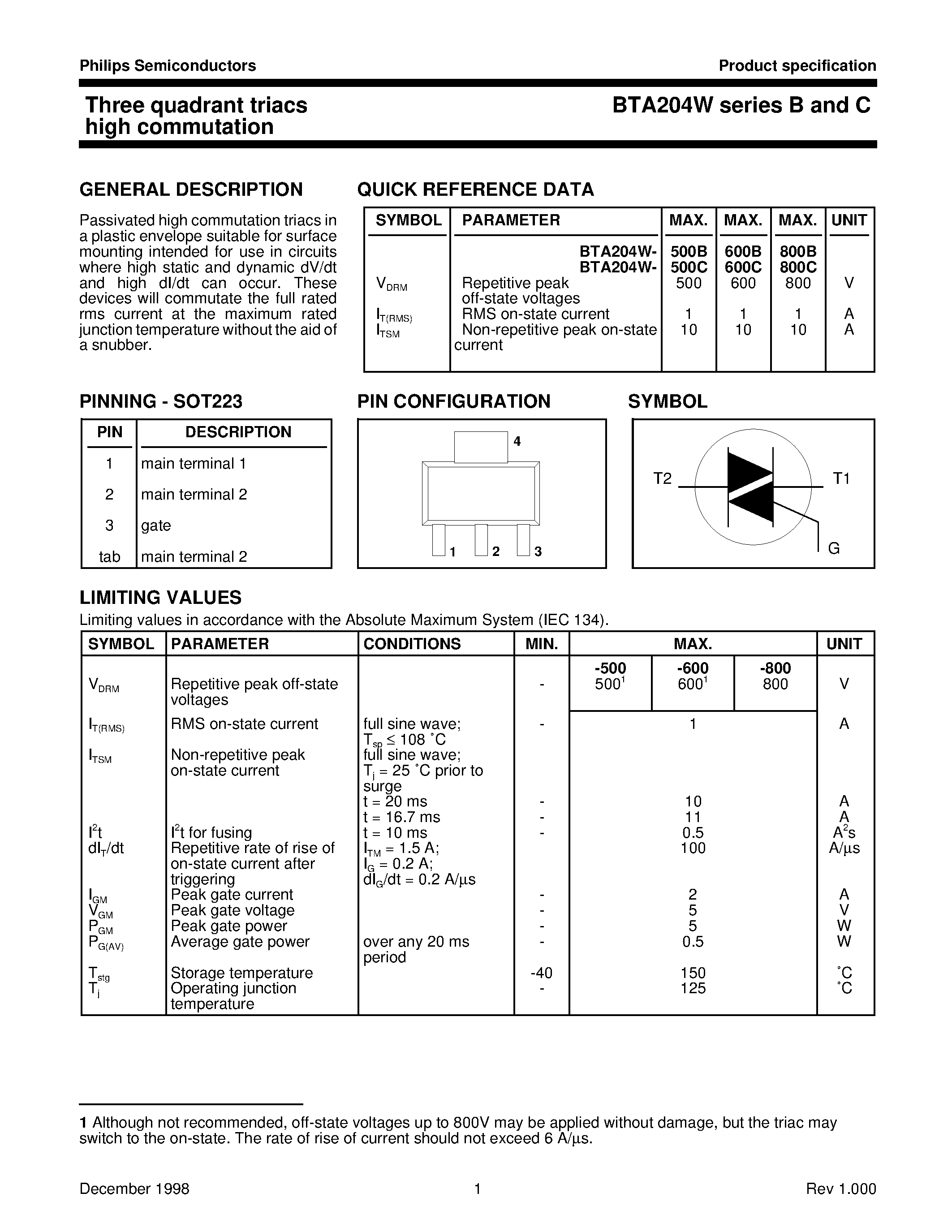 Datasheet BTA204W-500B - Three quadrant triacs high commutation page 1