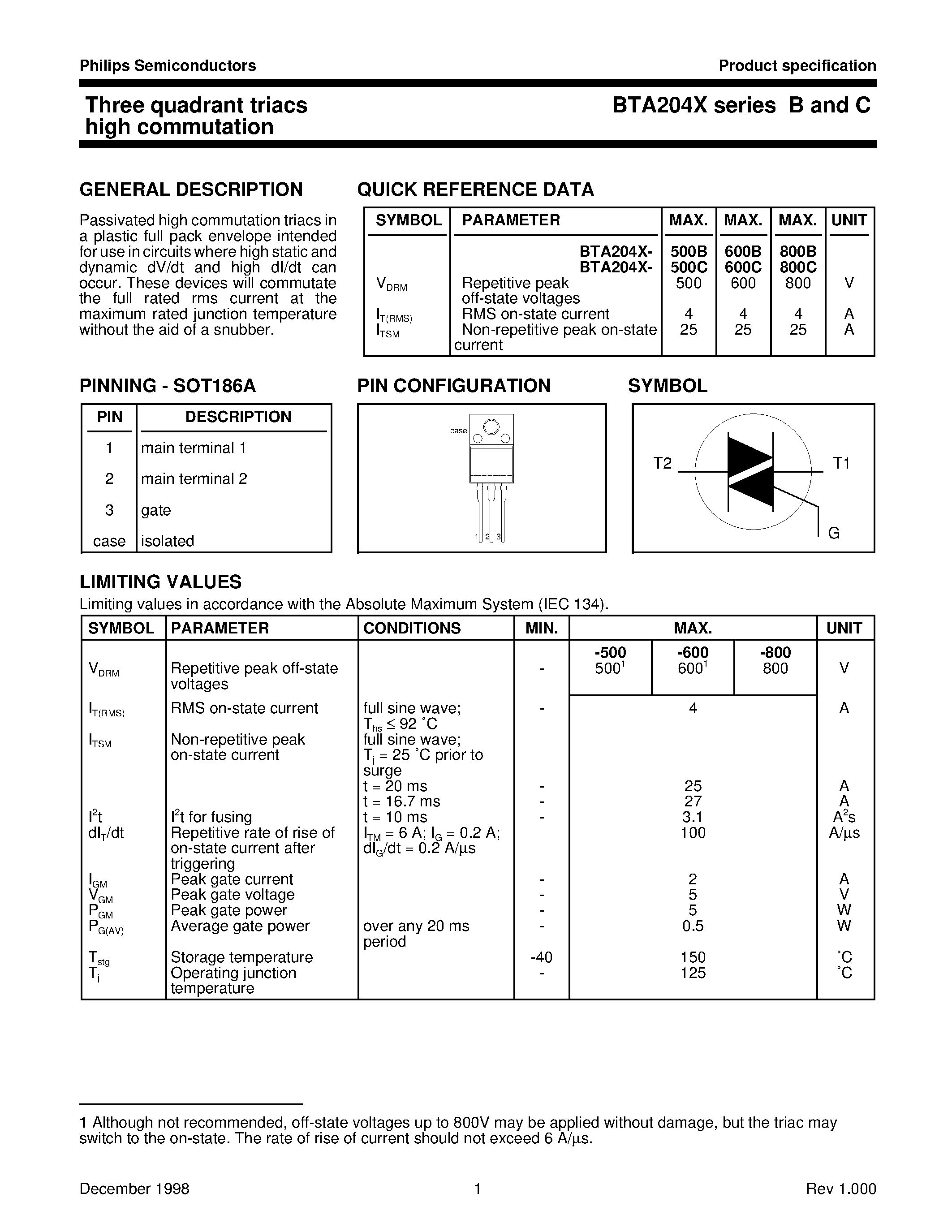 Datasheet BTA204X - Three quadrant triacs guaranteed commutation page 1