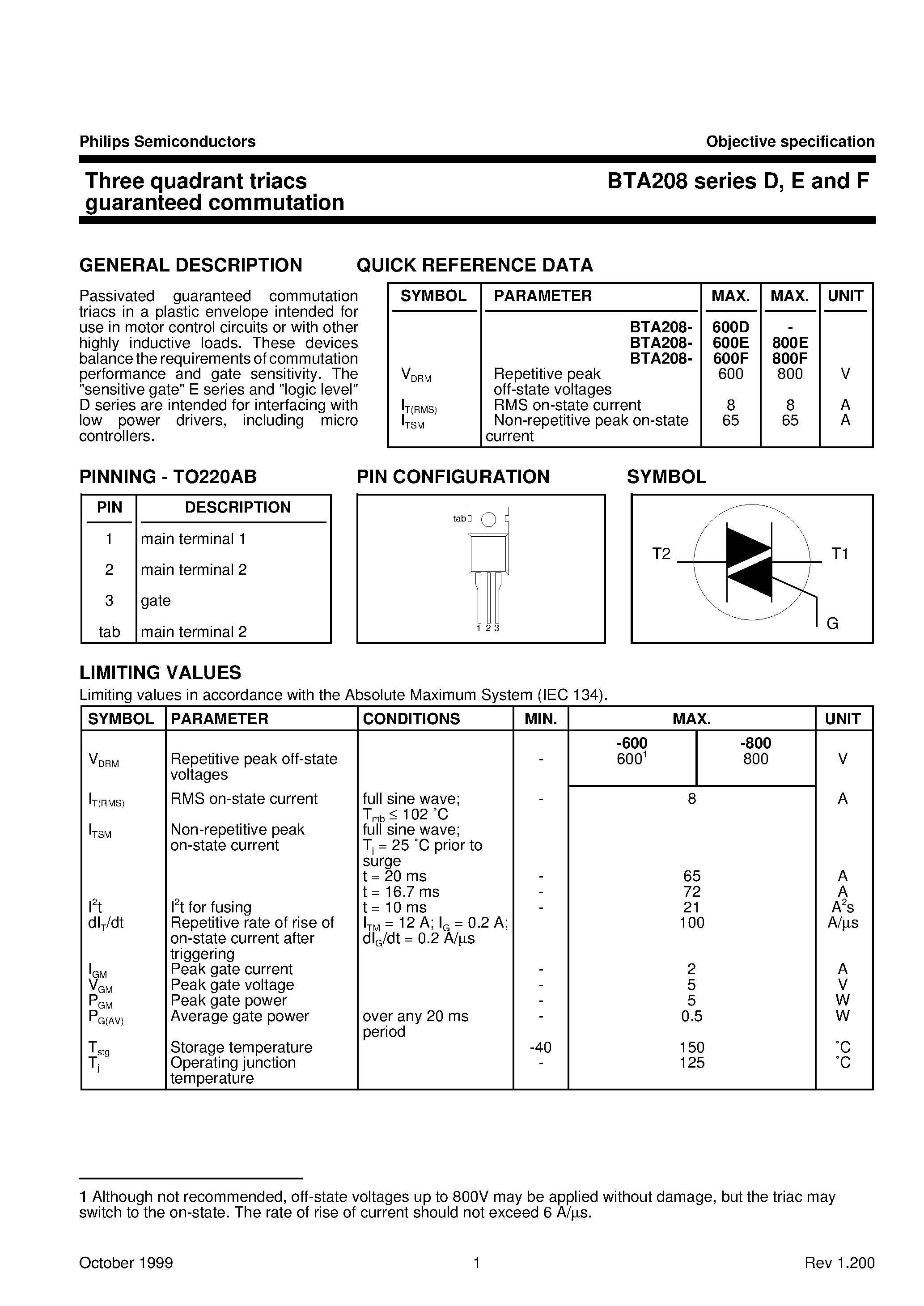 Datasheet BTA208 - Three quadrant triacs guaranteed commutation page 1