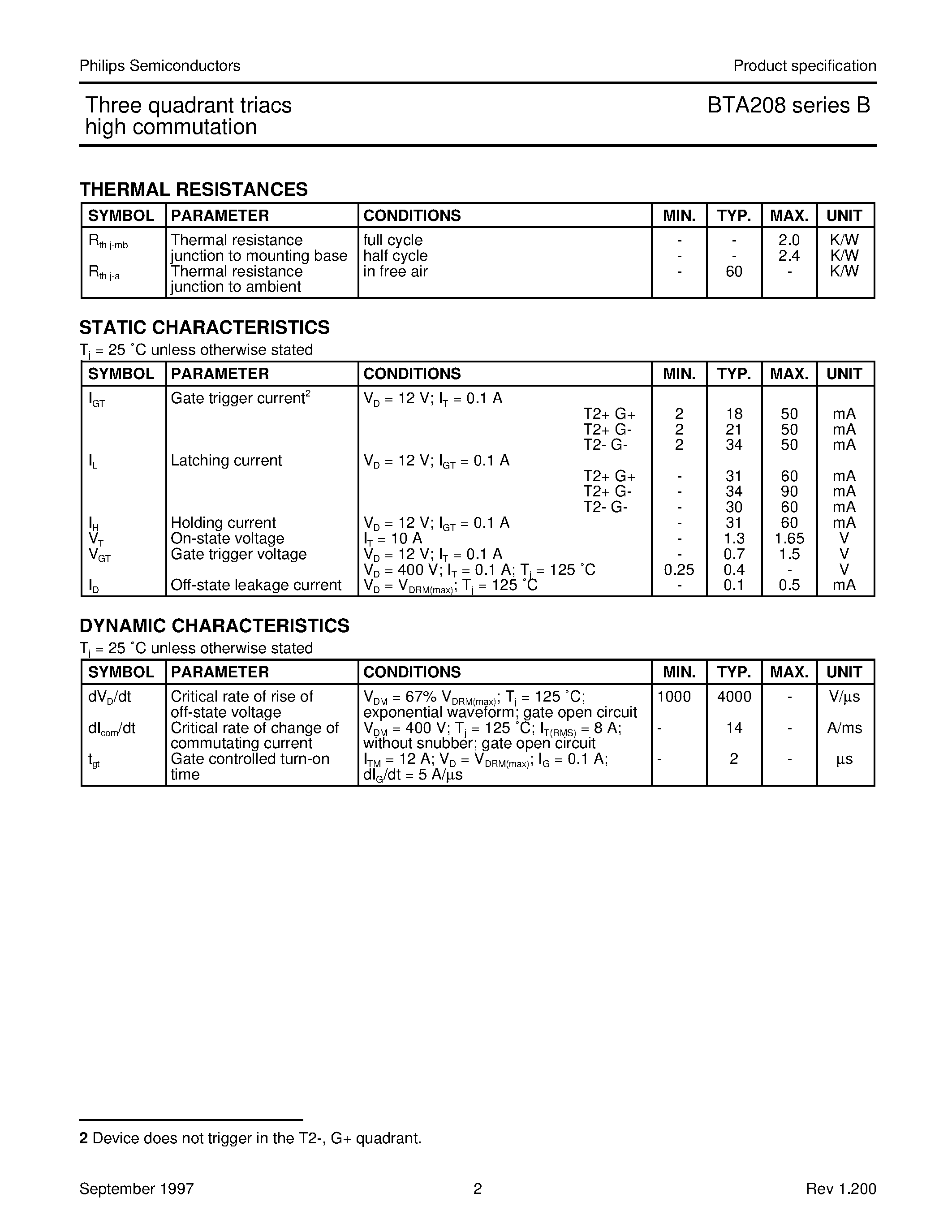 Datasheet BTA208-500B - Three quadrant triacs high commutation page 2