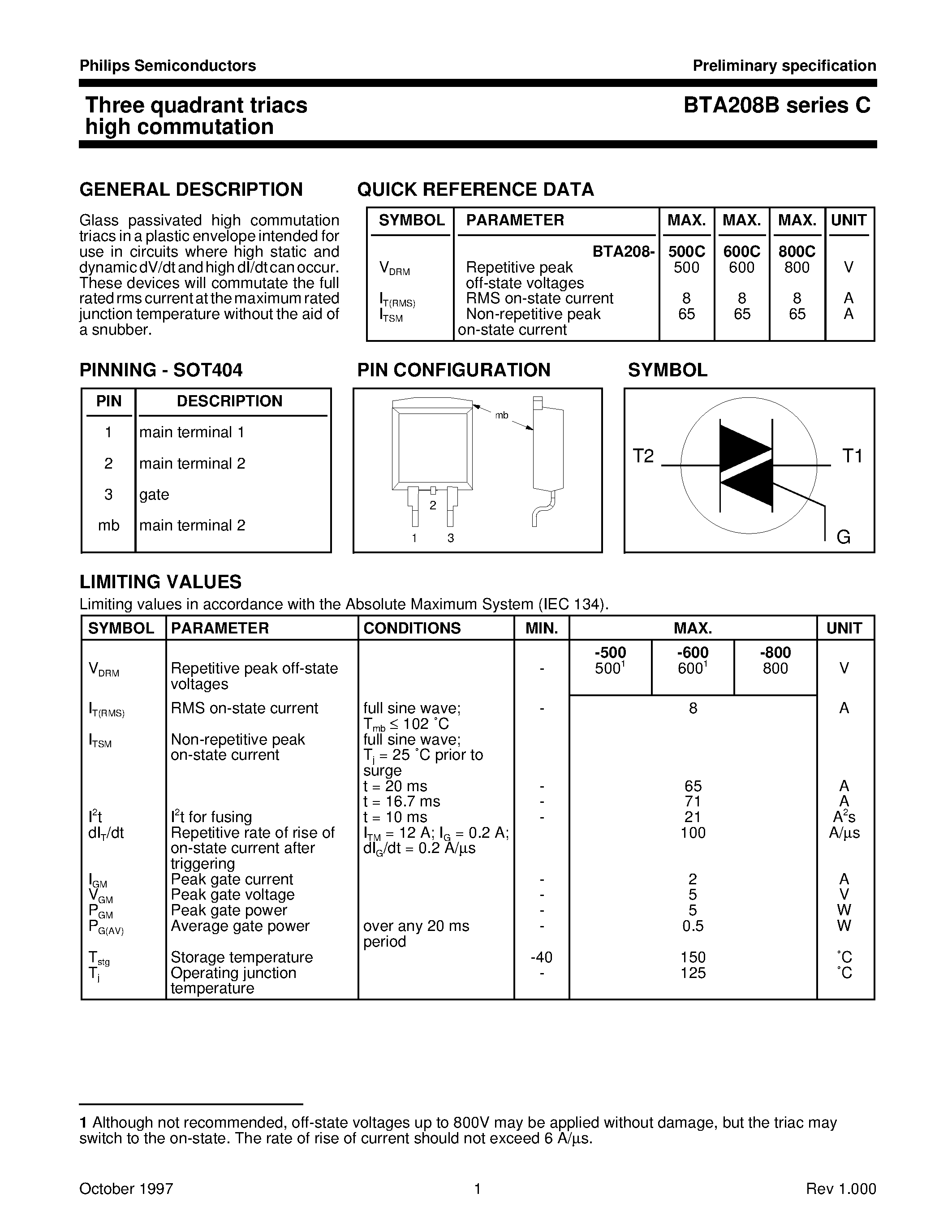 Datasheet BTA208-500C - Three quadrant triacs high commutation page 1