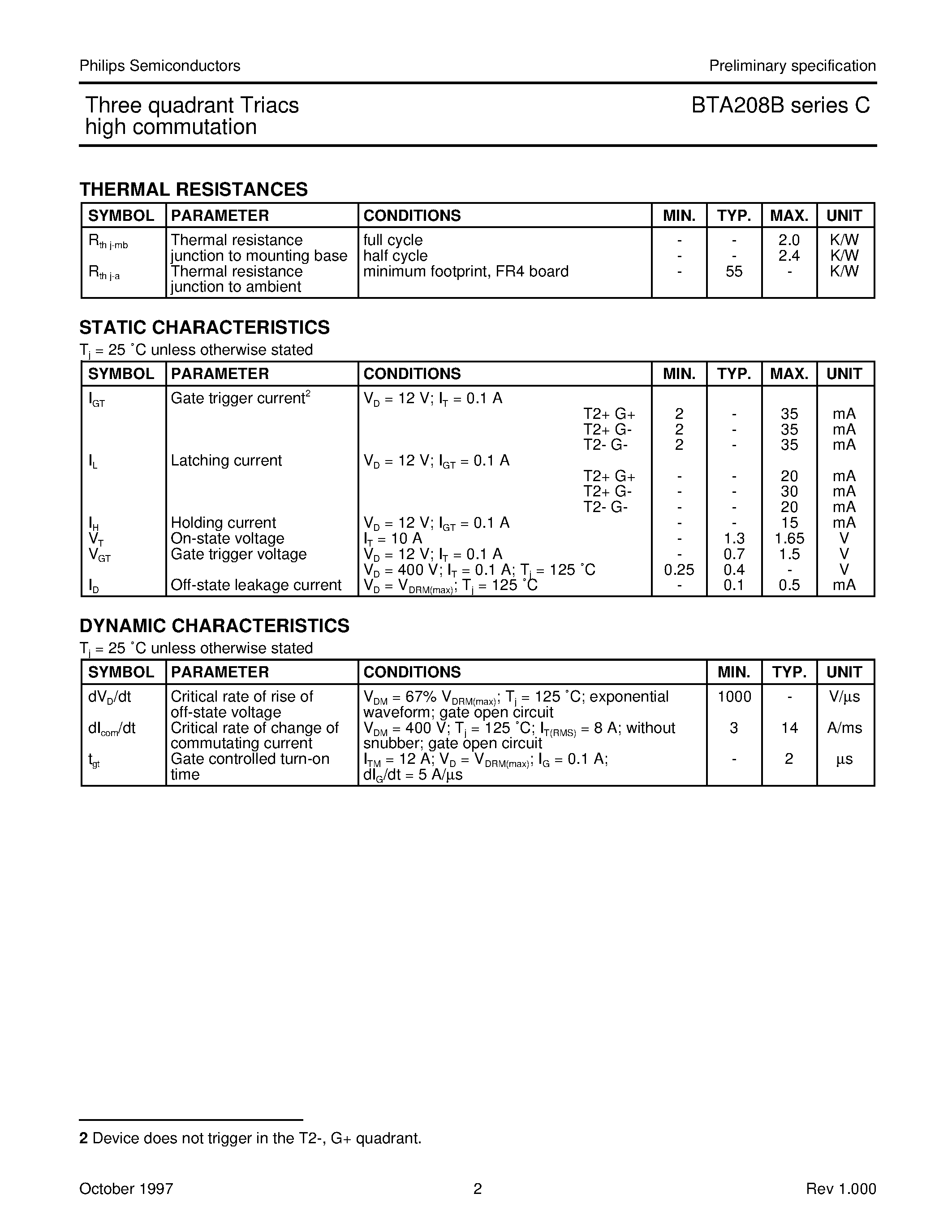 Datasheet BTA208-500C - Three quadrant triacs high commutation page 2