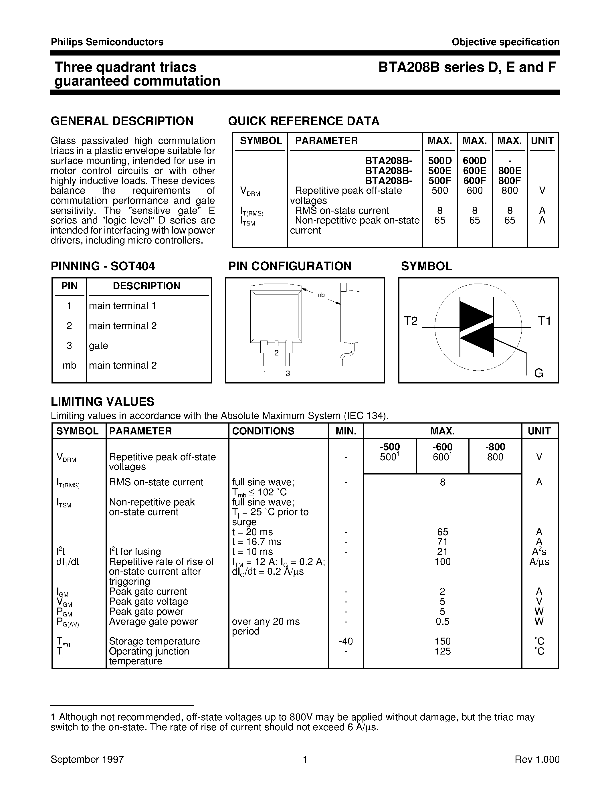 Datasheet BTA208B-500D - Three quadrant triacs guaranteed commutation page 1