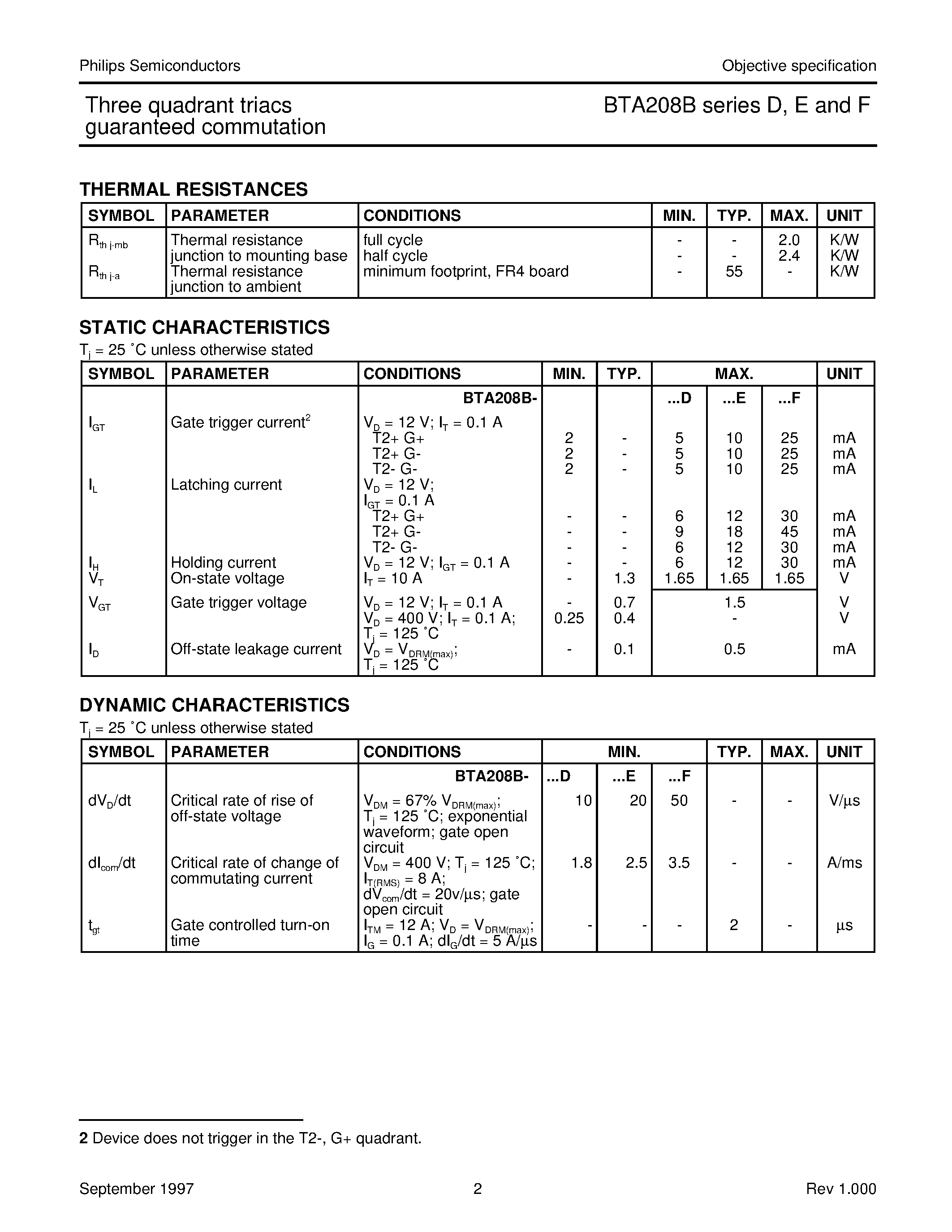 Datasheet BTA208B-500D - Three quadrant triacs guaranteed commutation page 2