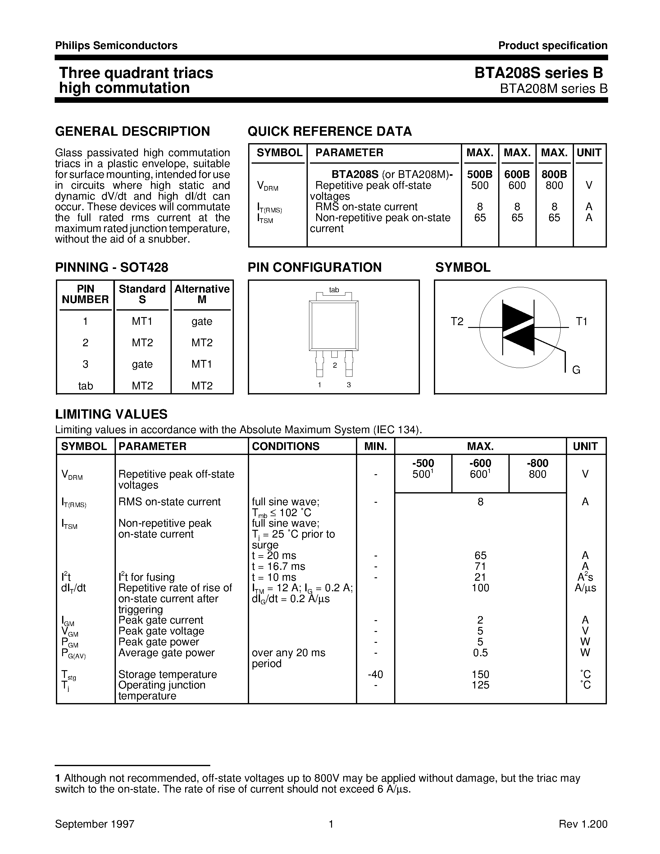 Datasheet BTA208M - Three quadrant triacs high commutation page 1