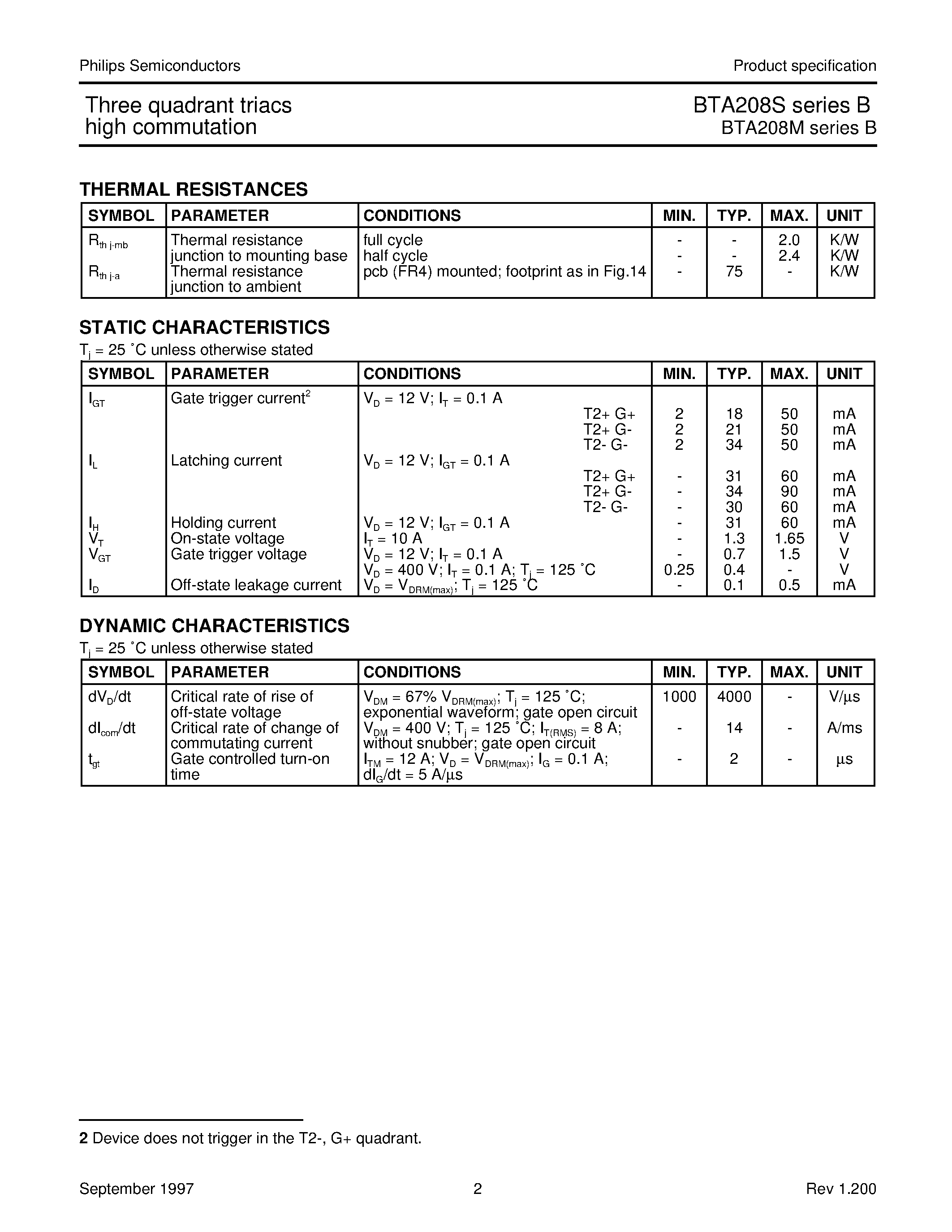 Datasheet BTA208M - Three quadrant triacs high commutation page 2