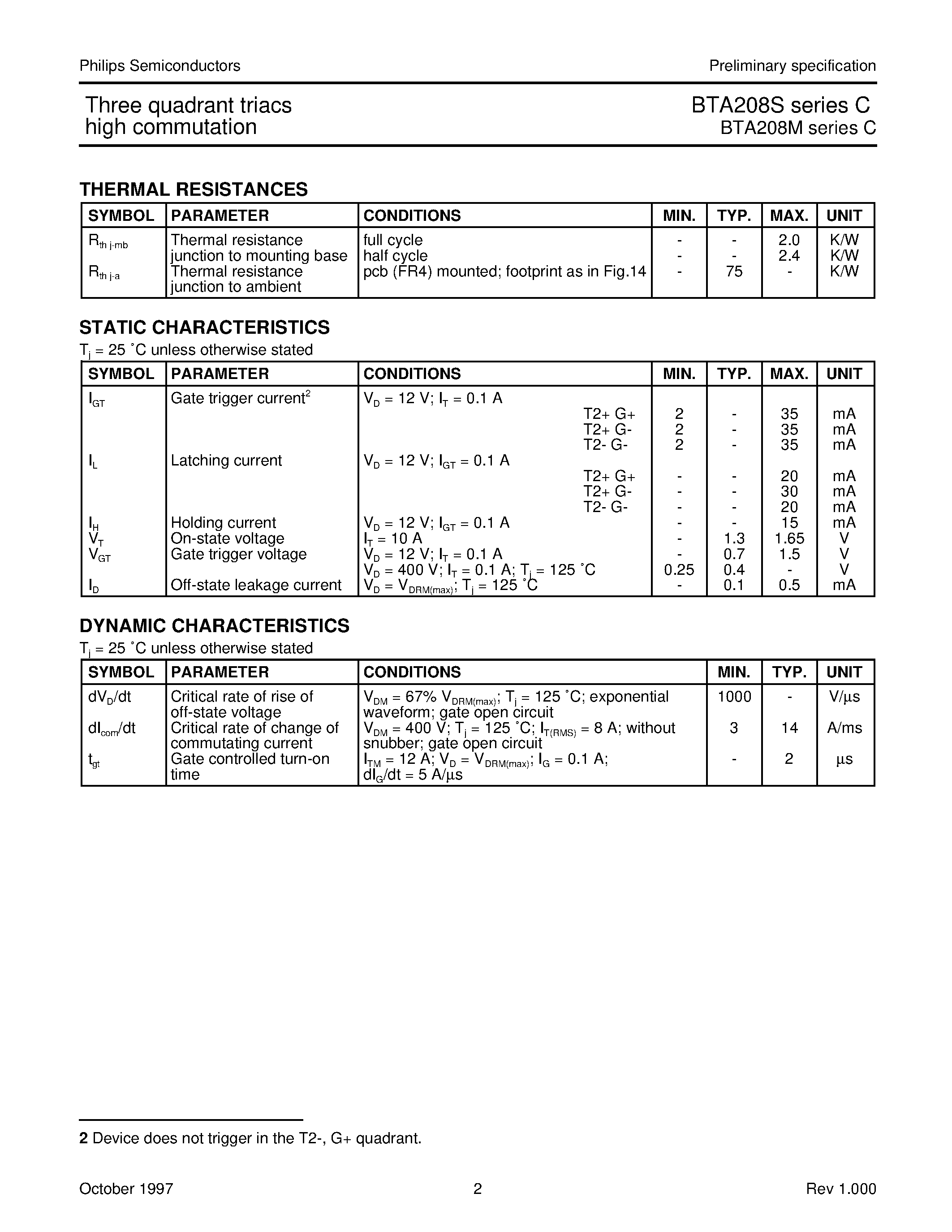 Datasheet BTA208M-500C - Three quadrant triacs high commutation page 2