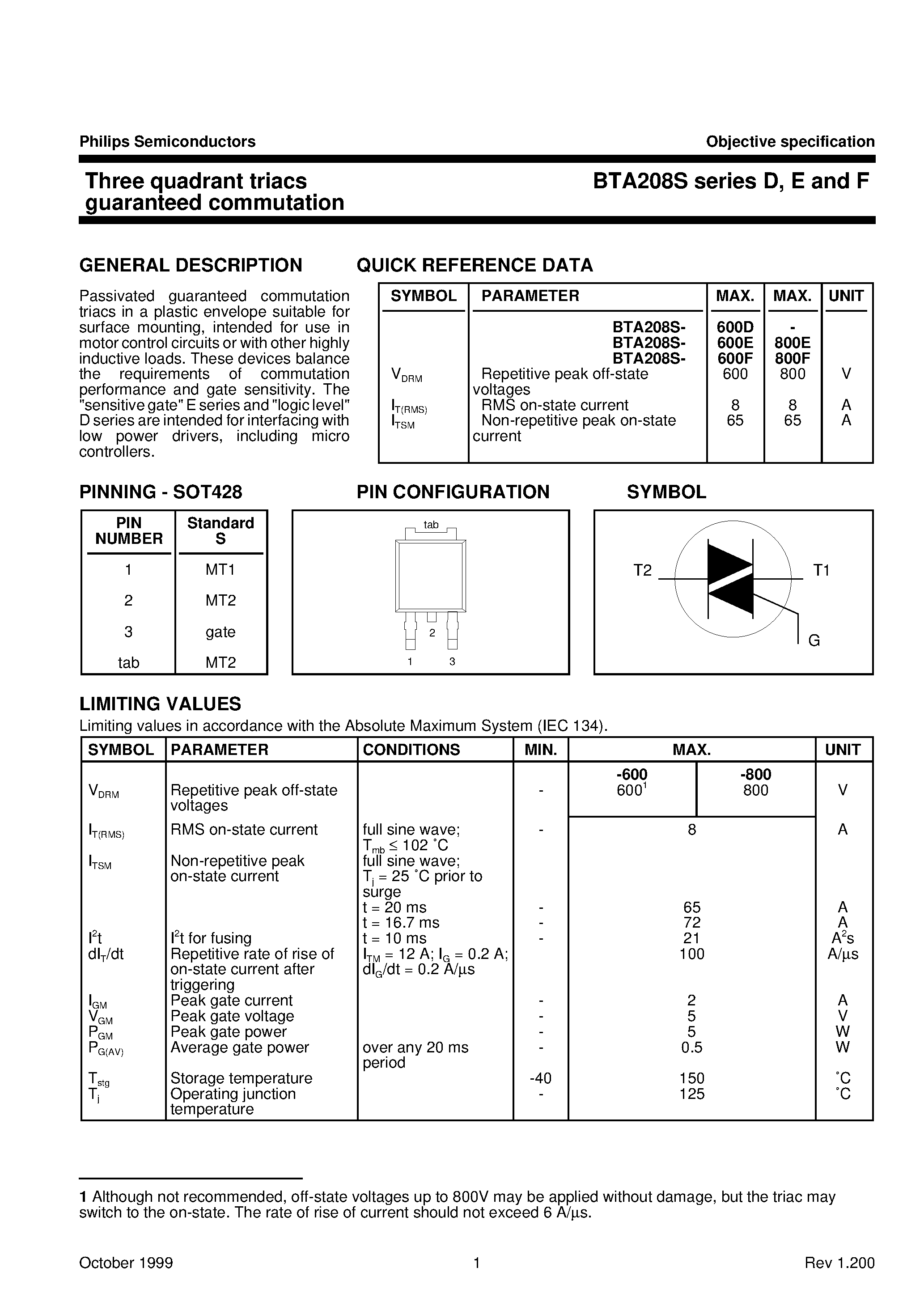 Datasheet BTA208S - Three quadrant triacs guaranteed commutation page 1