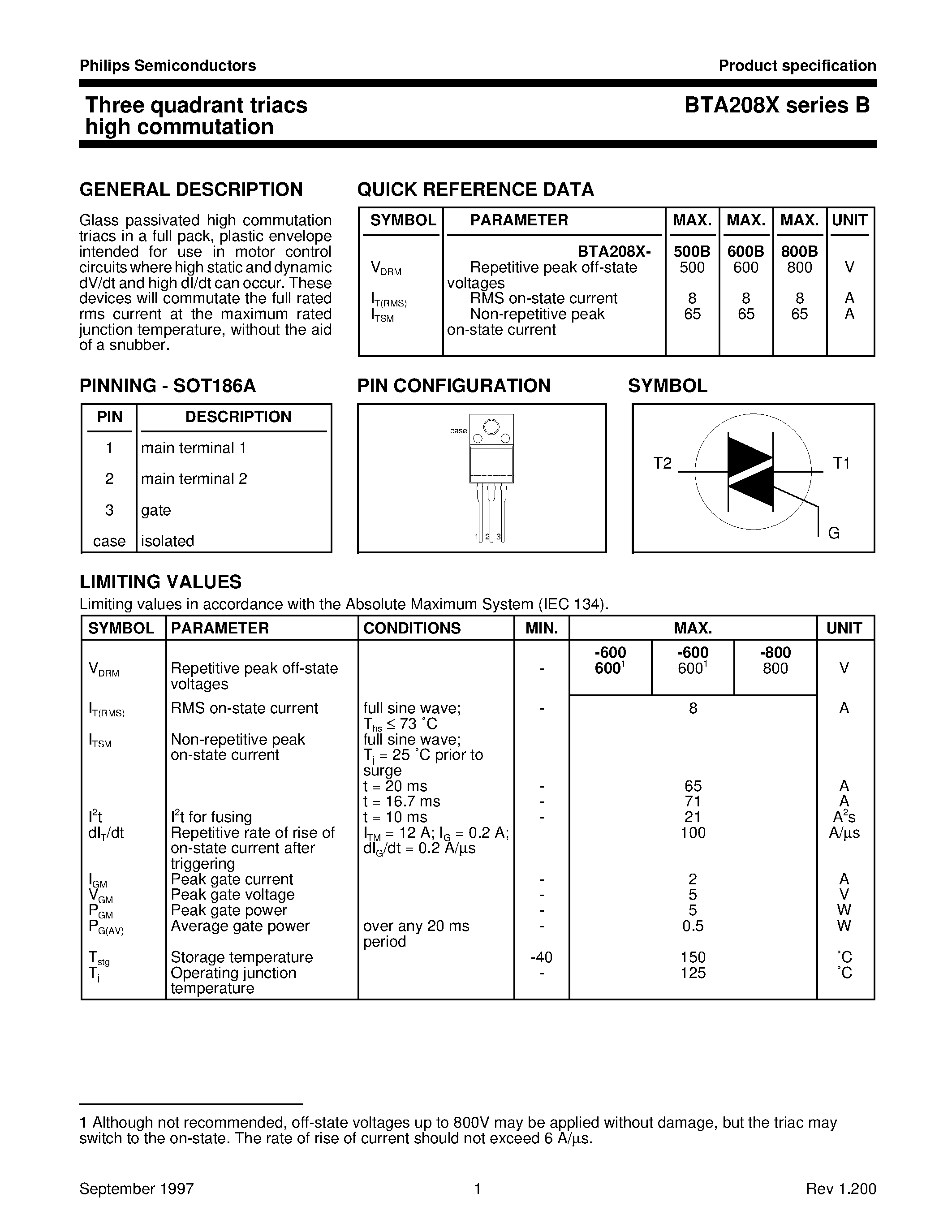 Datasheet BTA208X-500B - Three quadrant triacs high commutation page 1