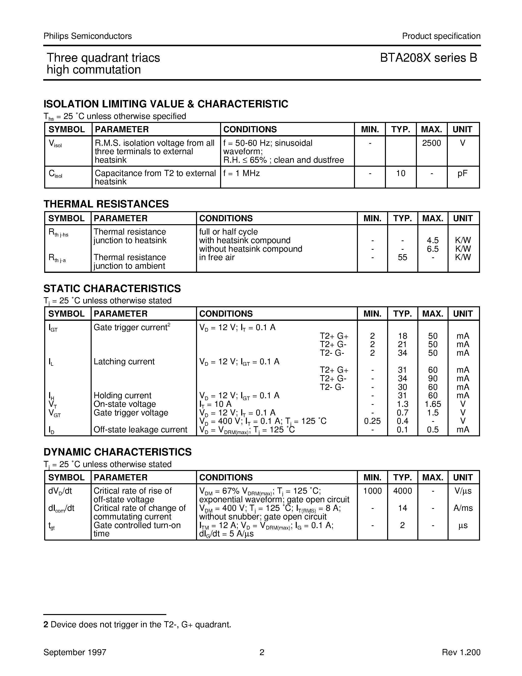 Datasheet BTA208X-500B - Three quadrant triacs high commutation page 2