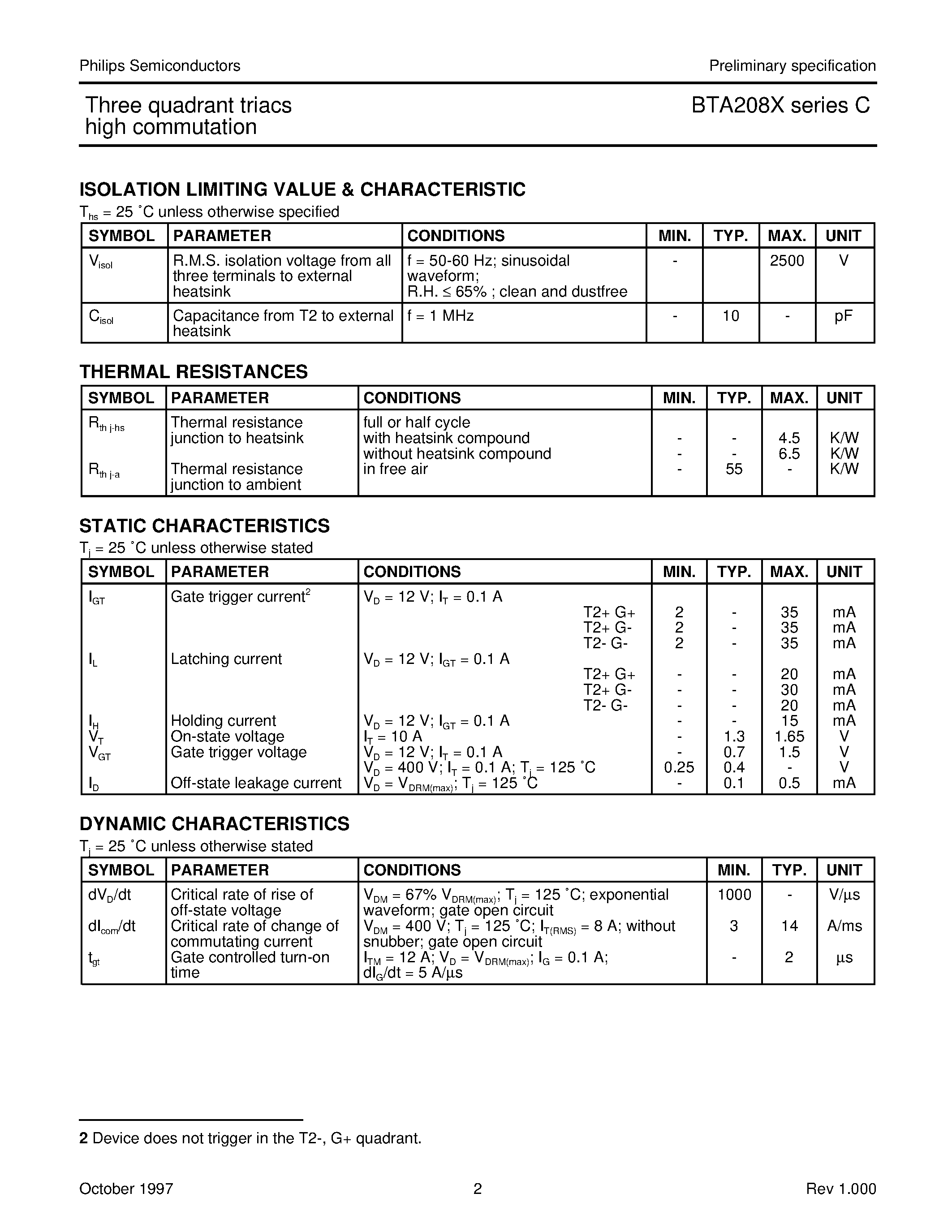 Datasheet BTA208X-500C - Three quadrant triacs high commutation page 2