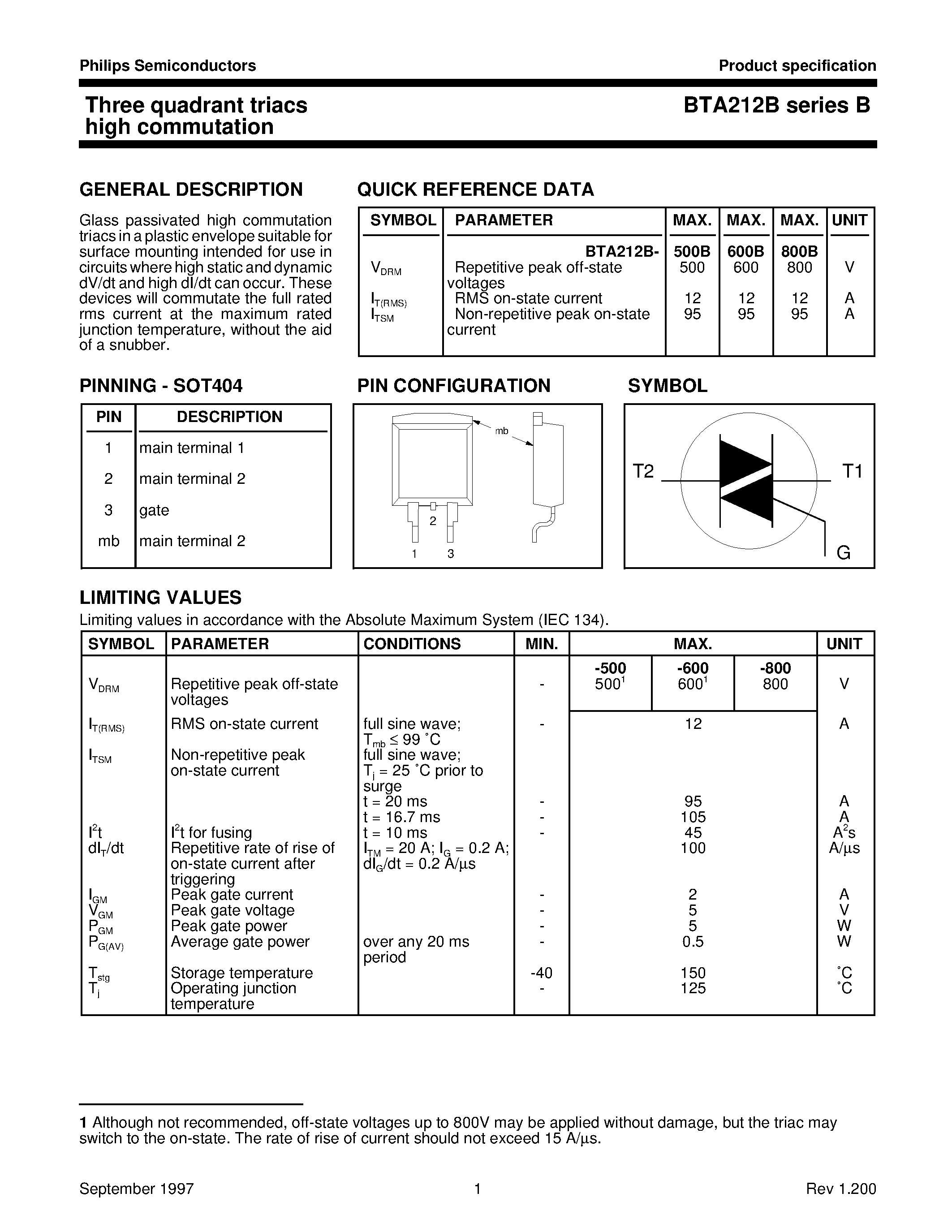 Datasheet BTA212B - Three quadrant triacs guaranteed commutation page 1