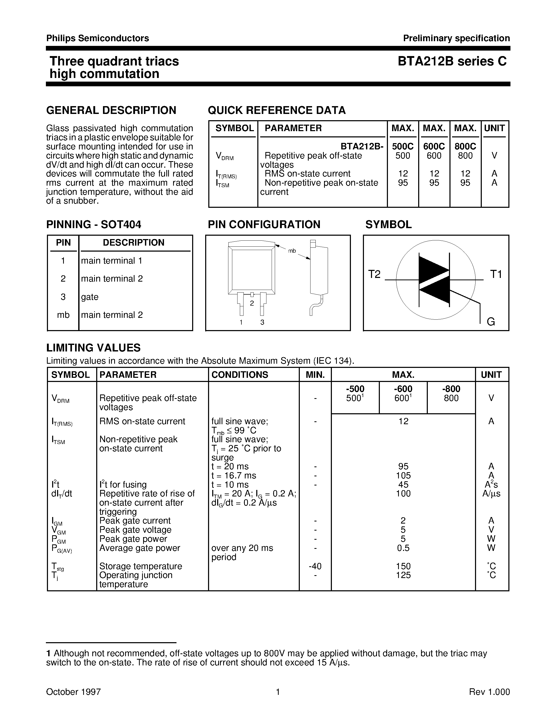 Datasheet BTA212B-500C - Three quadrant triacs high commutation page 1