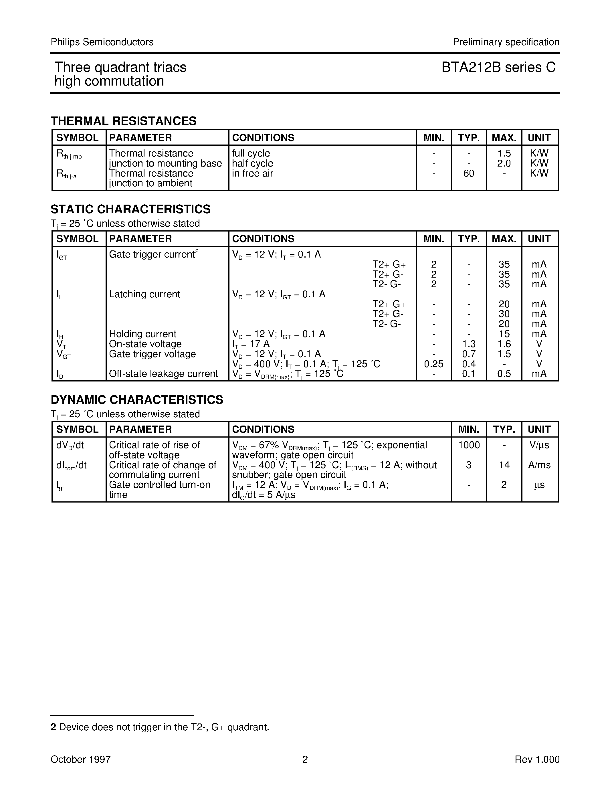 Datasheet BTA212B-500C - Three quadrant triacs high commutation page 2