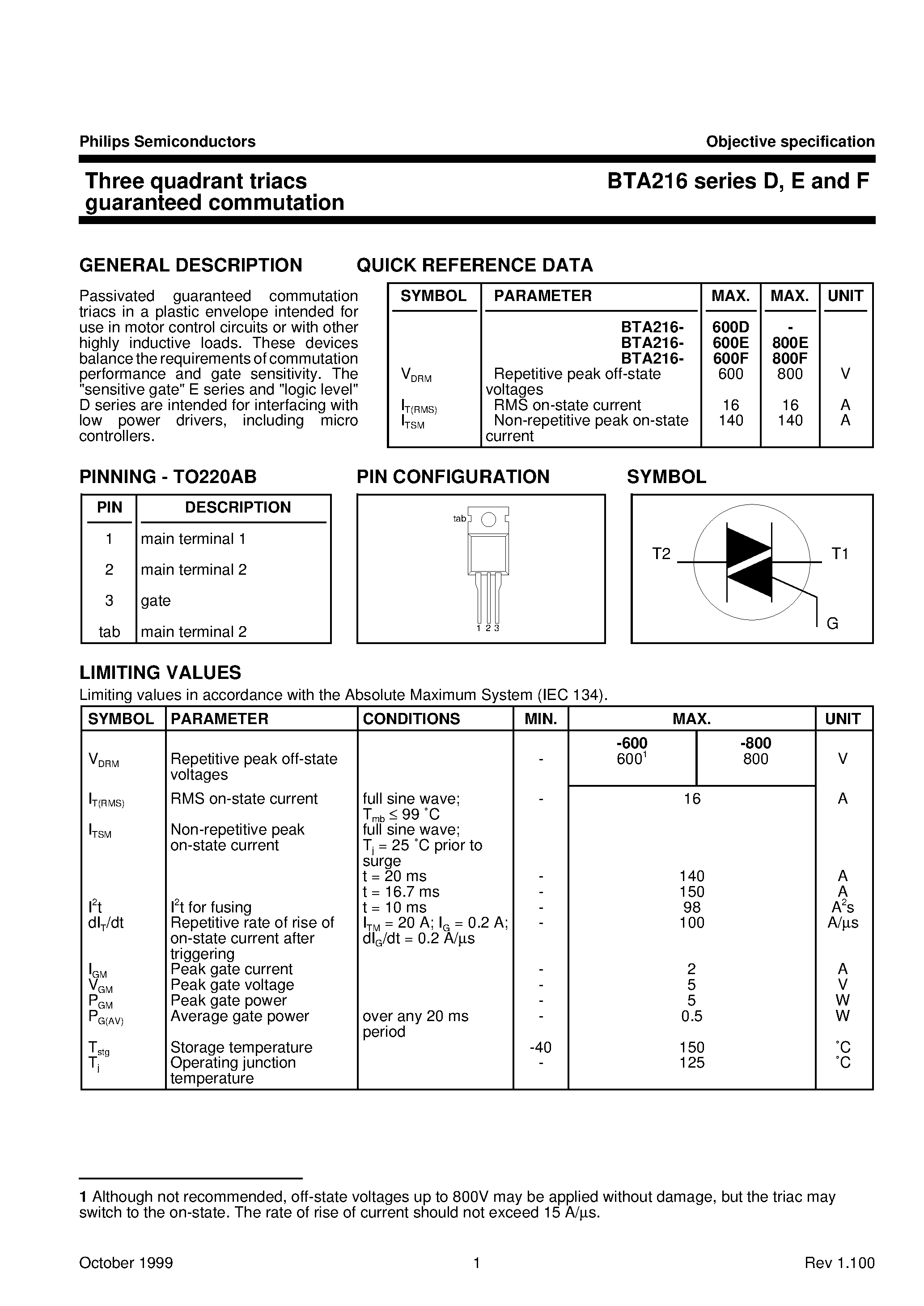 Datasheet BTA216 - Three quadrant triacs guaranteed commutation page 1