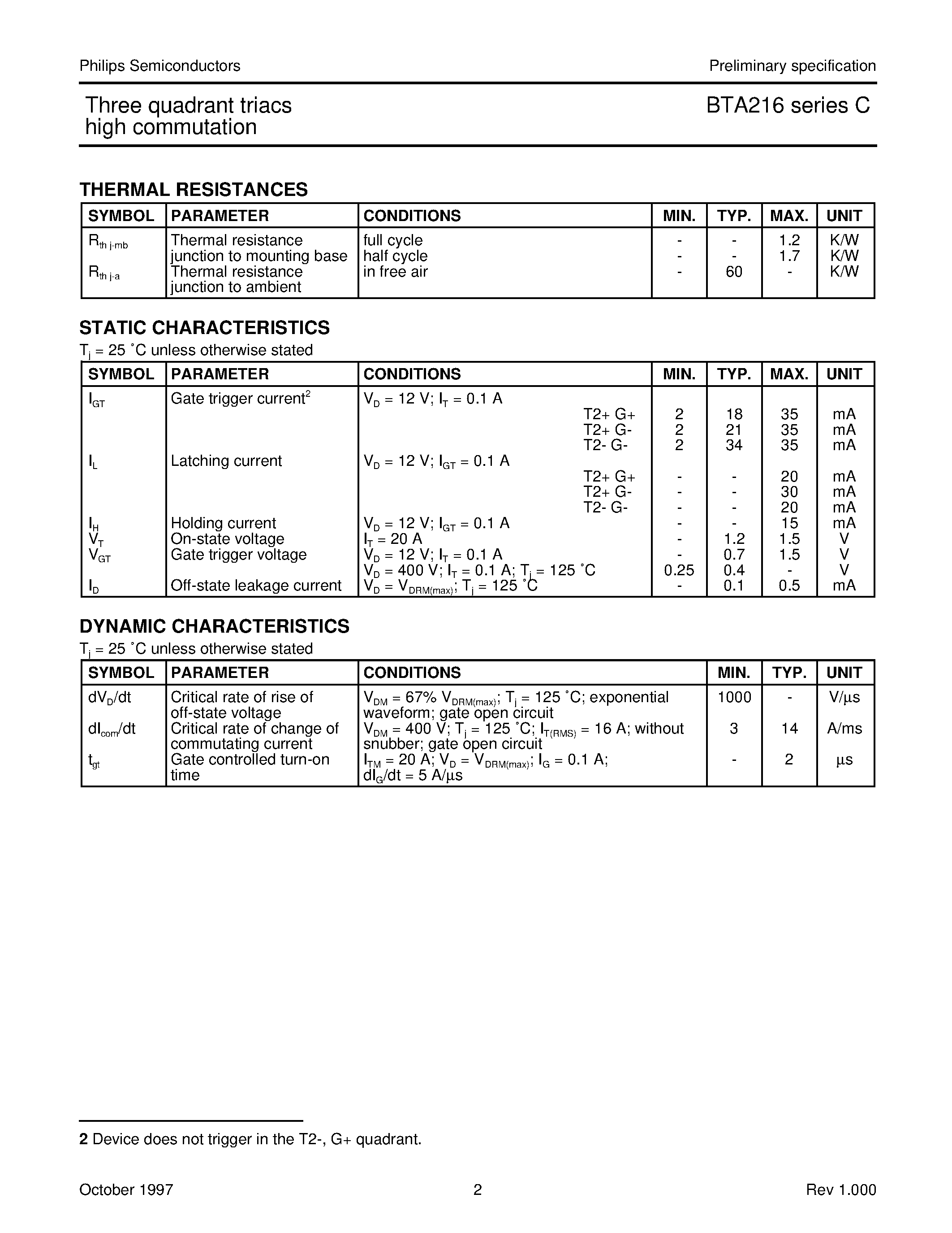 Datasheet BTA216-500C - Three quadrant triacs high commutation page 2