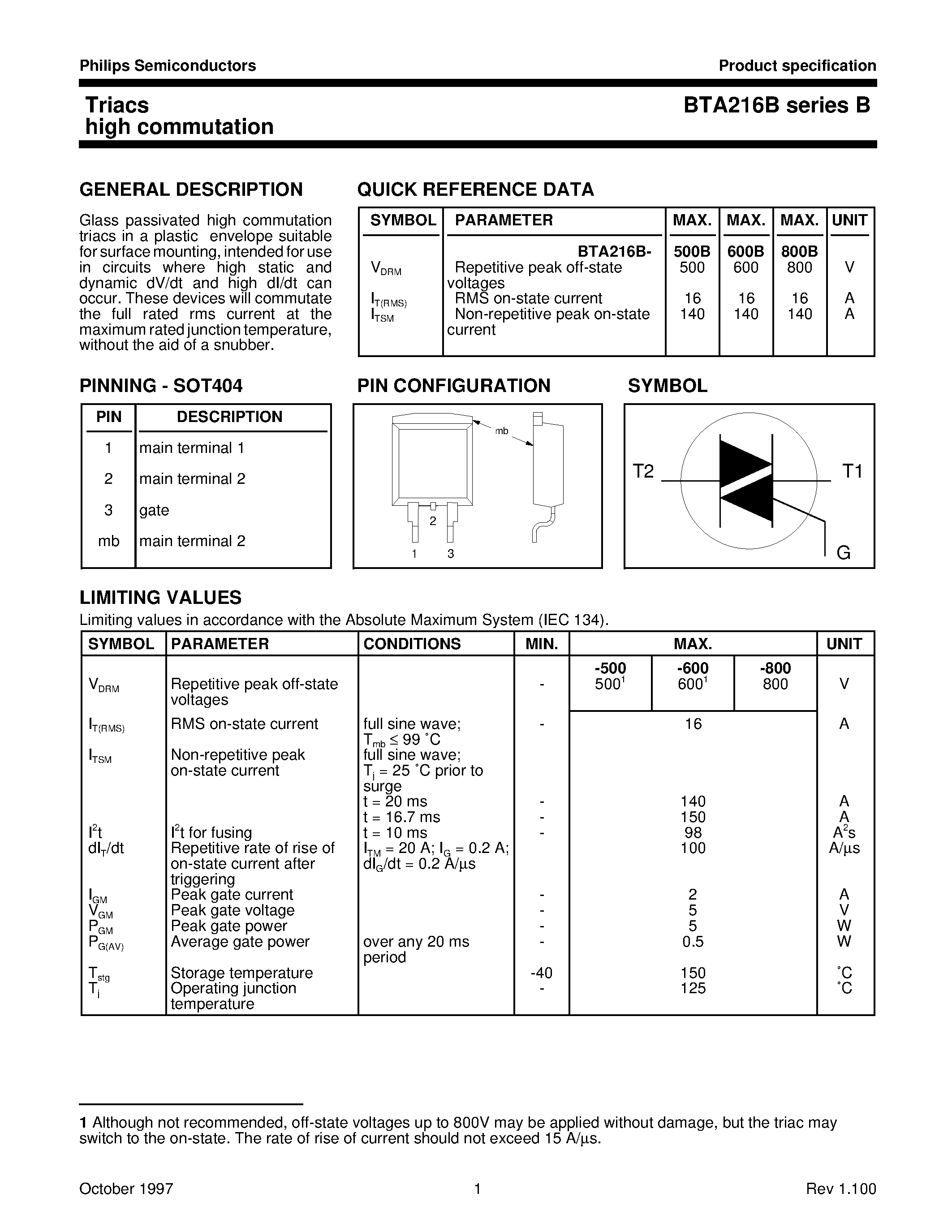 Datasheet BTA216B-500B - Triacs high commutation page 1