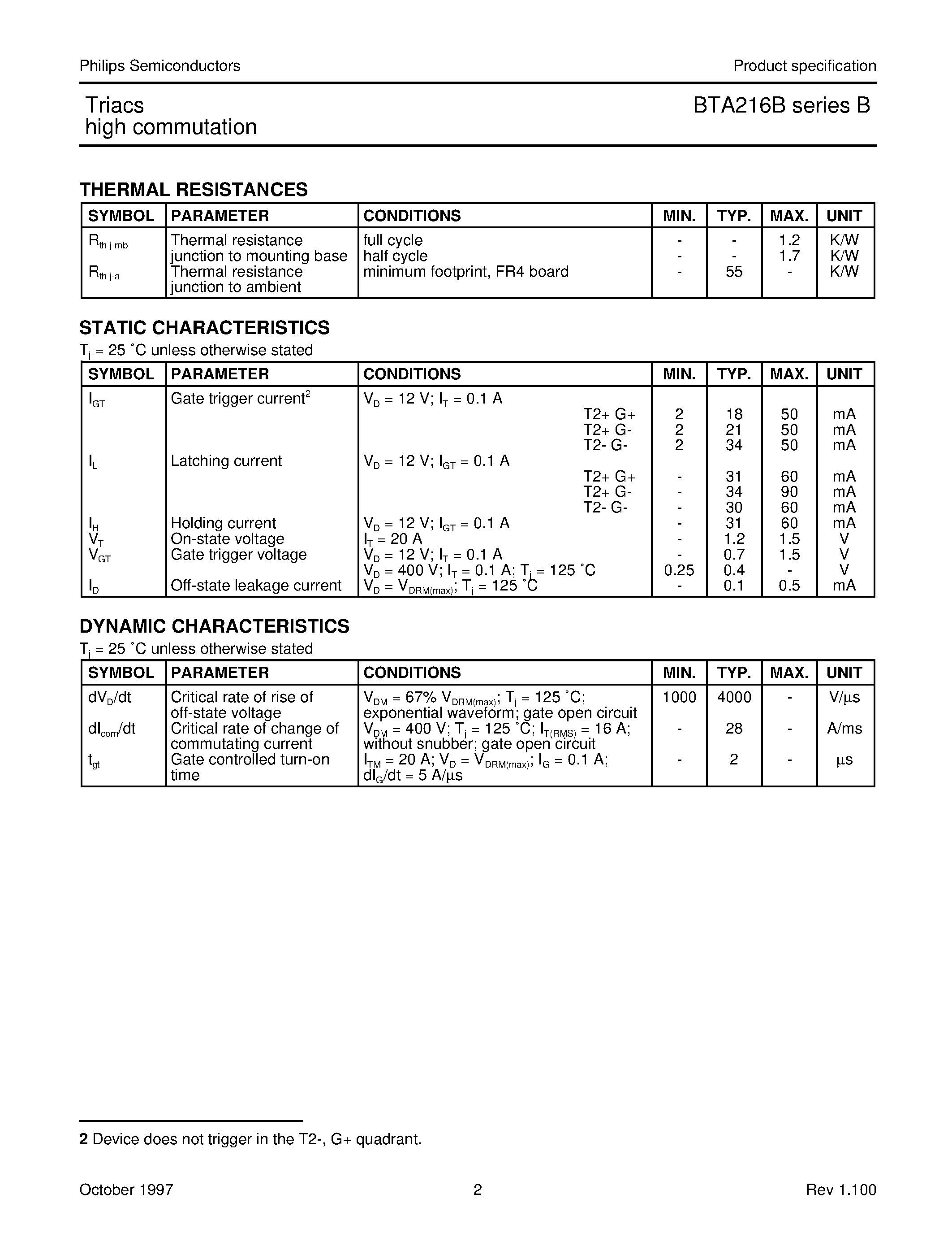 Datasheet BTA216-800F - Three quadrant triacs guaranteed commutation page 2