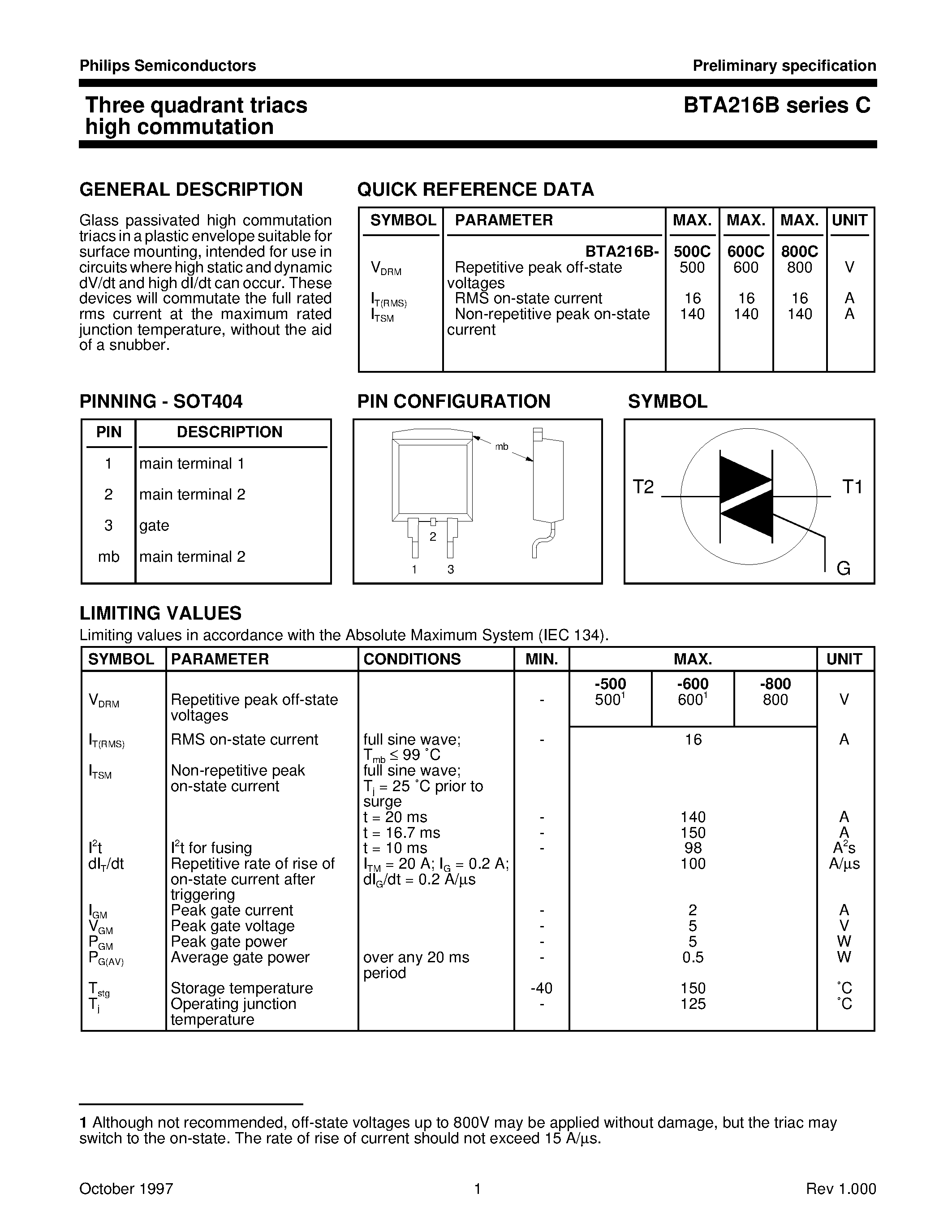 Datasheet BTA216B - Triacs high commutation page 1