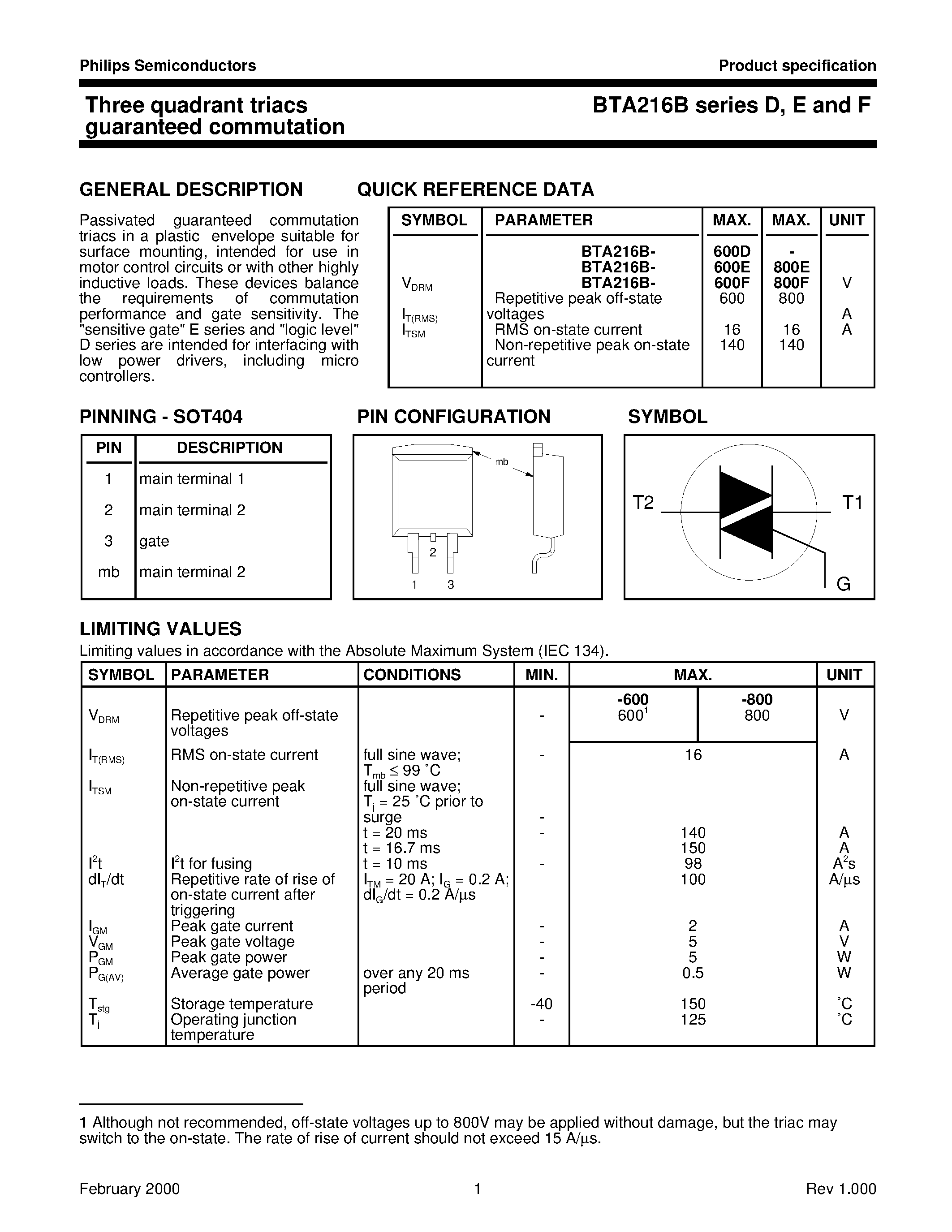 Datasheet BTA216B-600D - Three quadrant triacs guaranteed commutation page 1