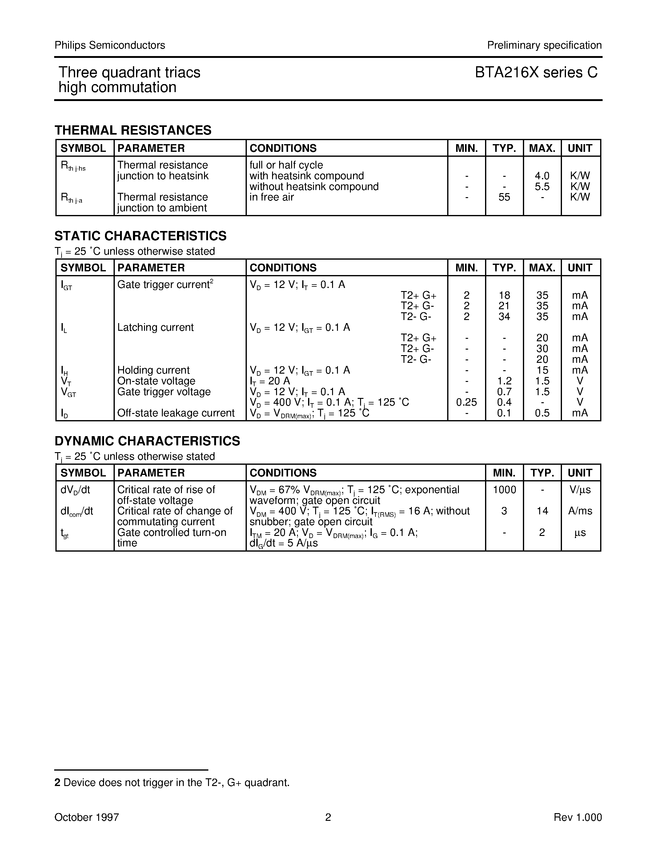 Datasheet BTA216X-500C - Three quadrant triacs high commutation page 2