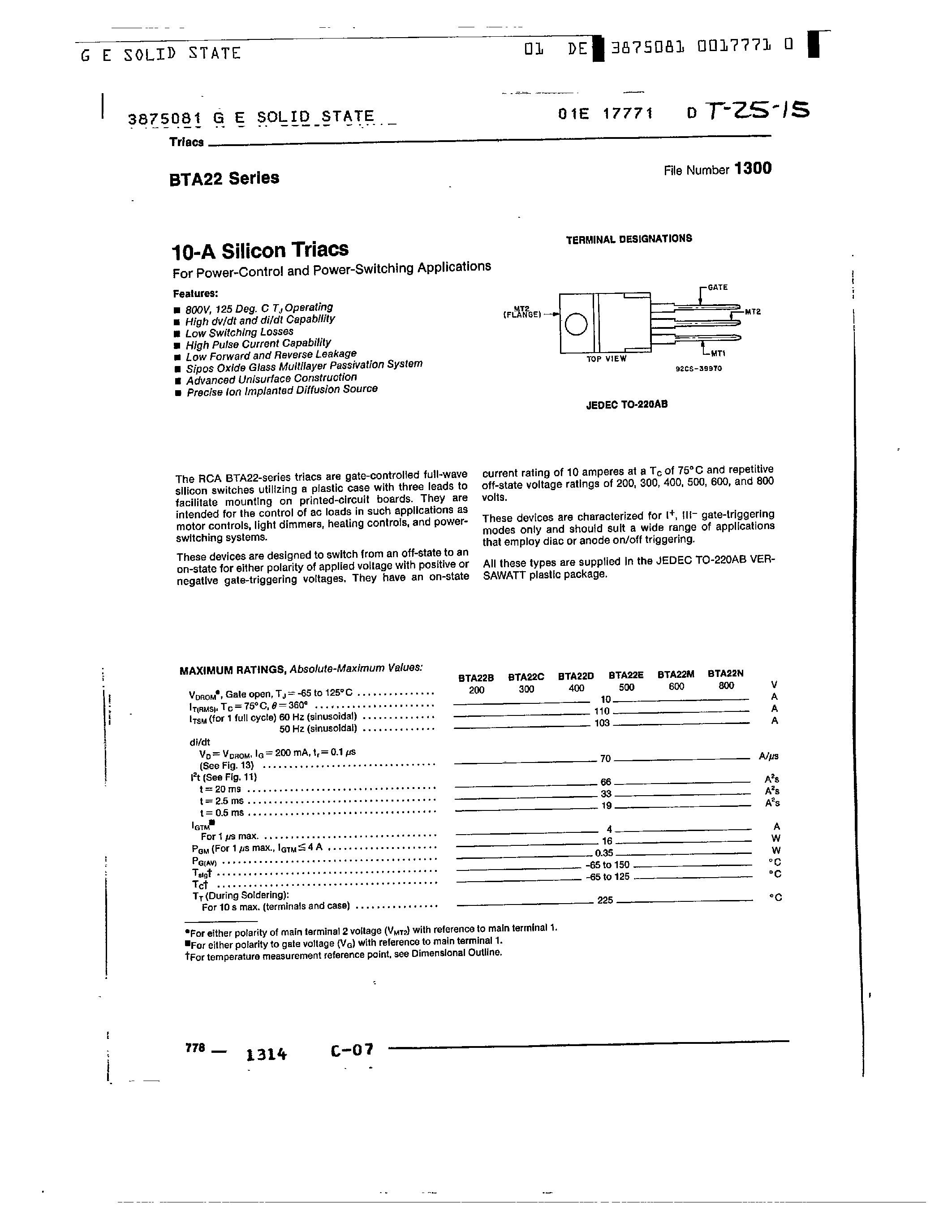 Datasheet BTA22 - 10-A SILICON TRIACS page 1