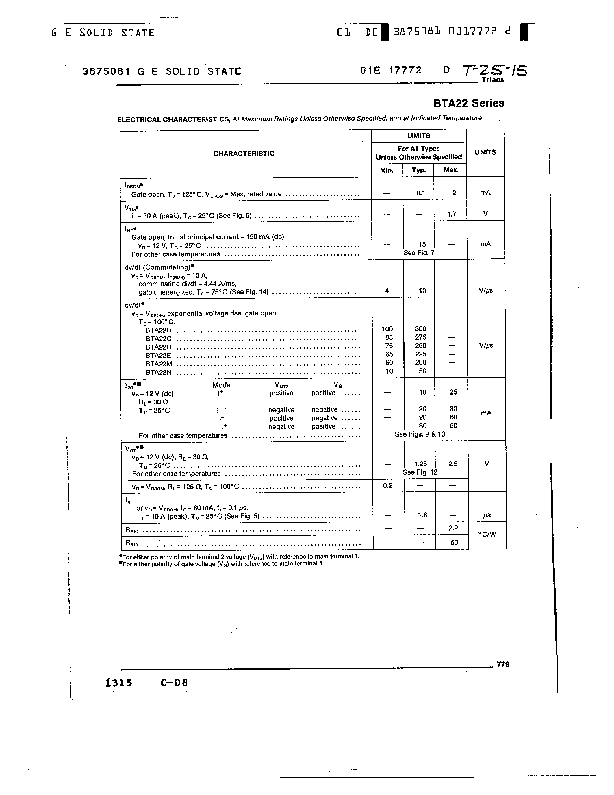 Datasheet BTA22 - 10-A SILICON TRIACS page 2