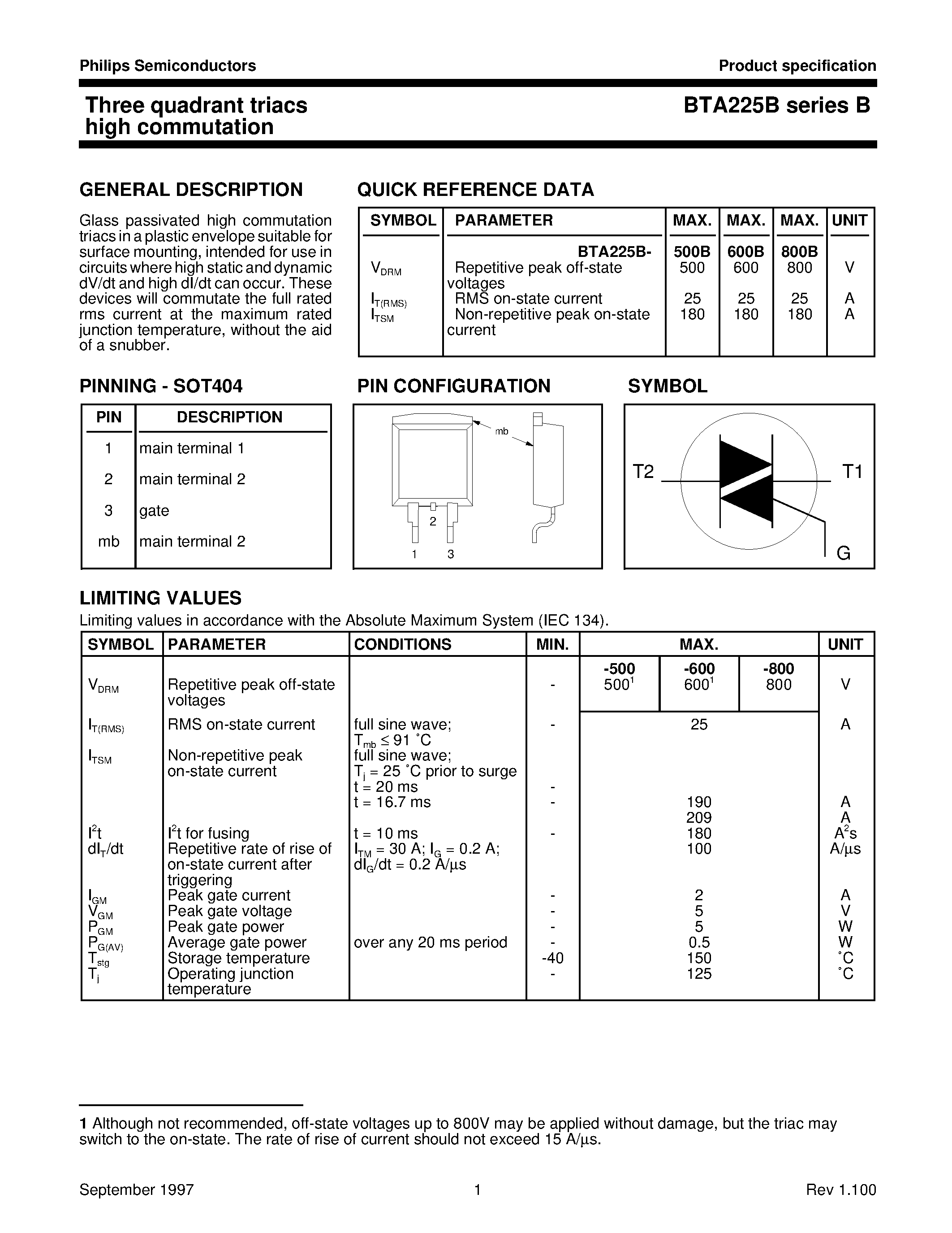 Datasheet BTA225 - Three quadrant triacs high commutation page 1