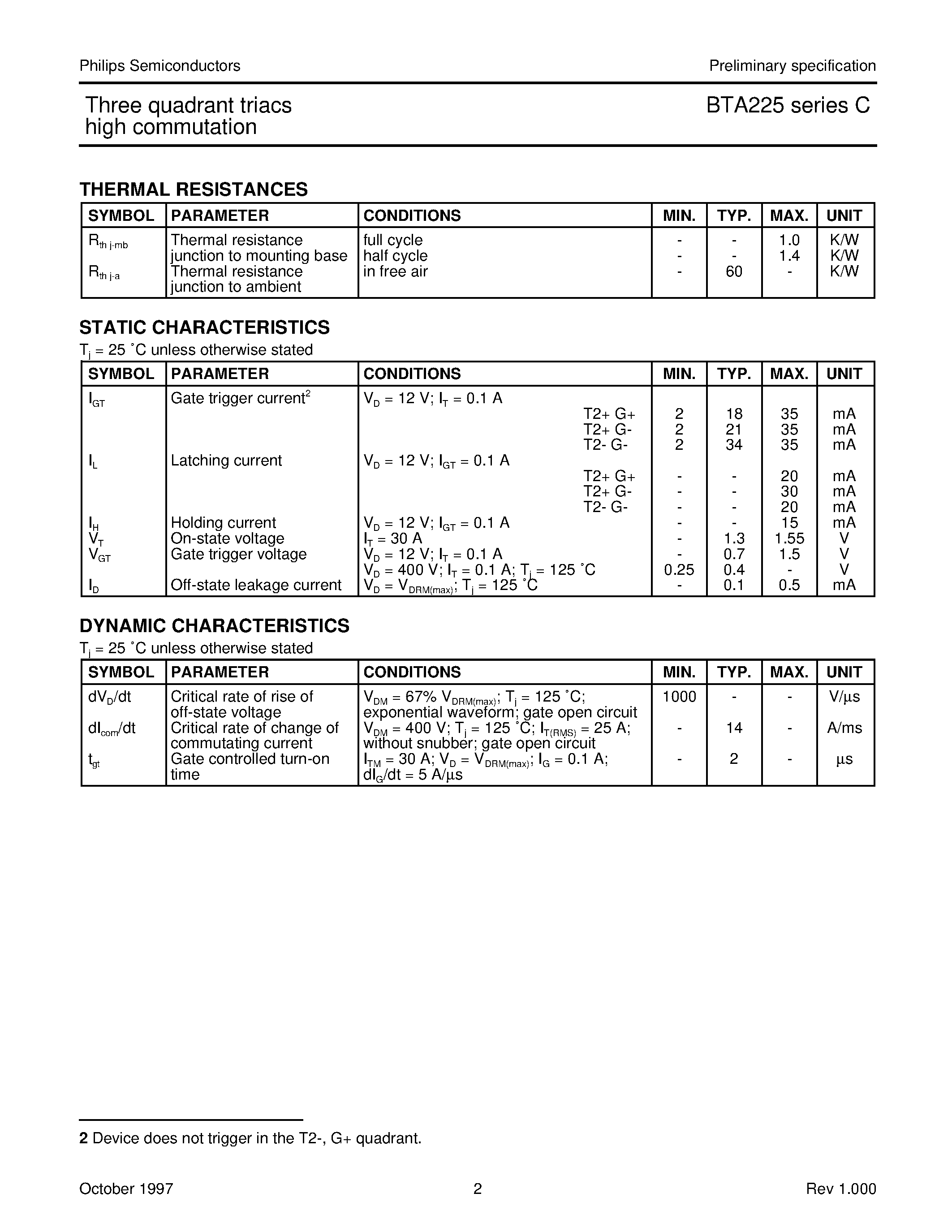 Datasheet BTA225-500C - Three quadrant triacs high commutation page 2