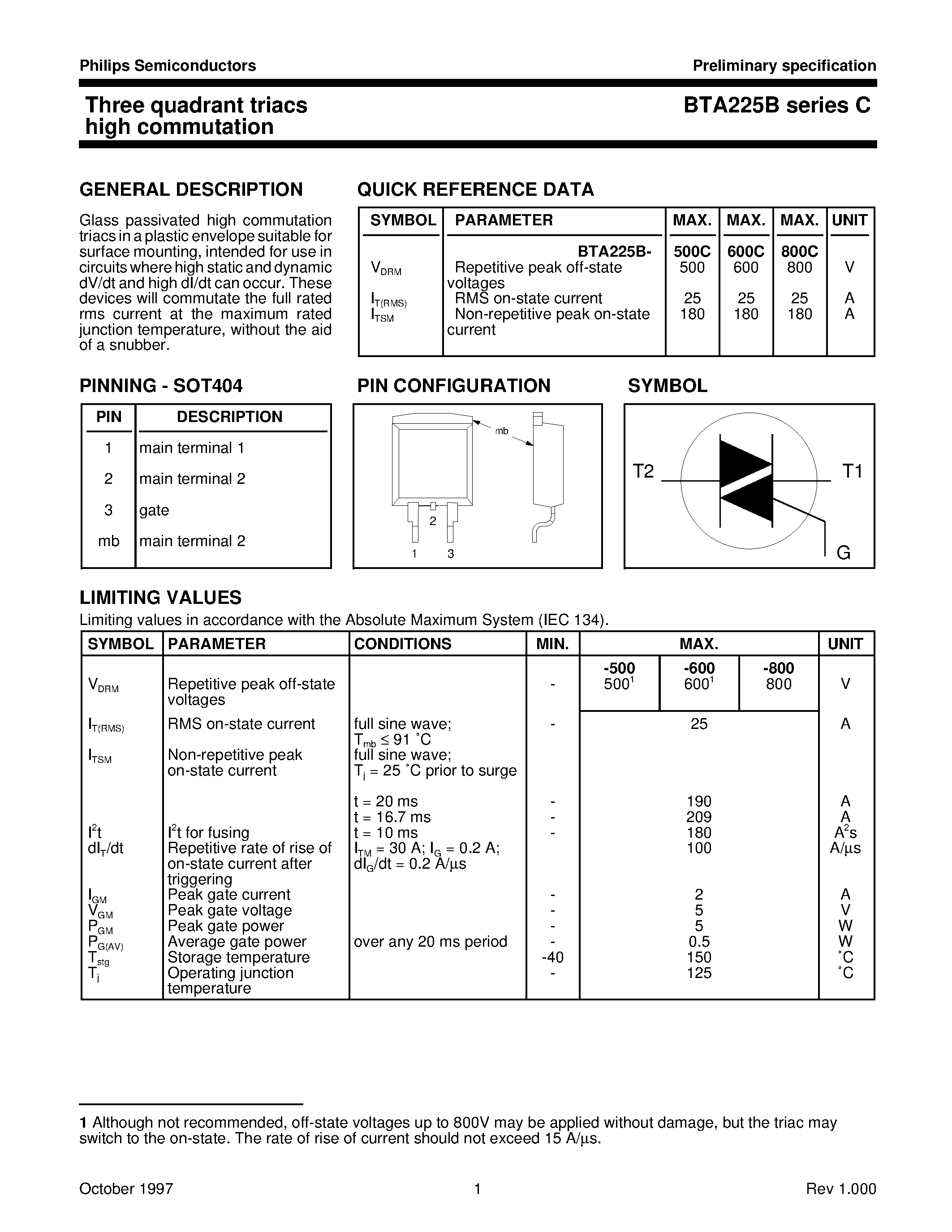 Datasheet BTA225B - Three quadrant triacs high commutation page 1