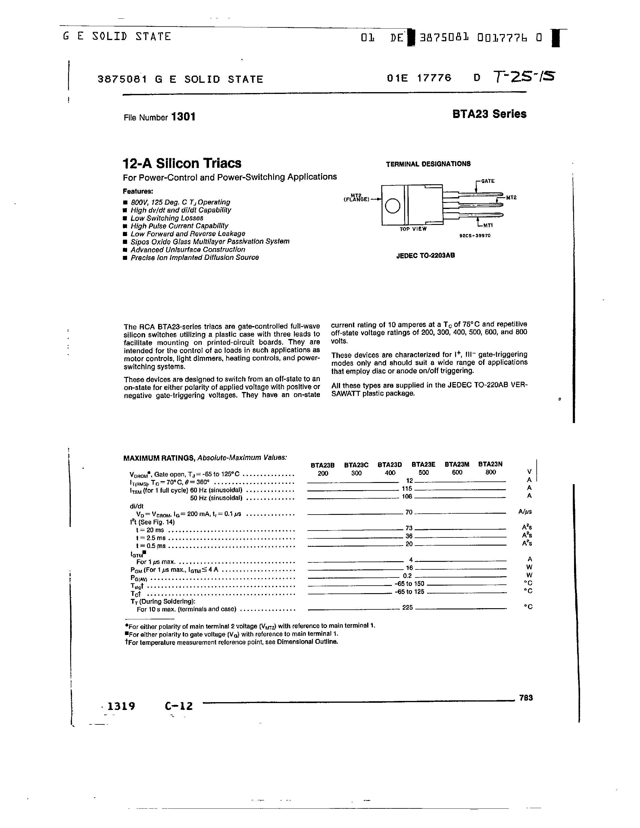 Datasheet BTA23 - 12-A SILICON TRIACS page 1